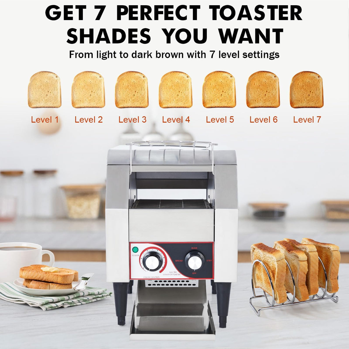 Commercial Conveyor Toaster, 150 Slices/h Heavy Duty Stainless Steel Toaster, Dual Heating Tubes, 7-Speed Adjustable Electric Oven for Bagels, Croissants, Bakery, Café