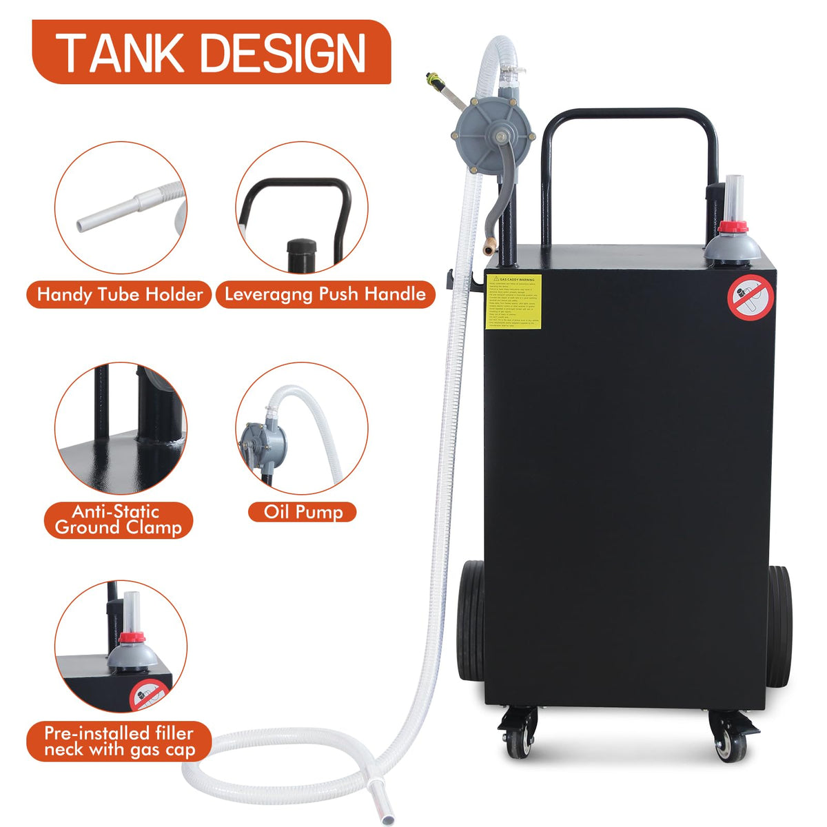 40 Gallon Portable Gas Caddy Fuel Storage Tank Large Gasoline Diesel Can Hand Siphon Pump with Rolling Flat-Free Solid Rubber Wheels for Boat, ATV, Car, Motorcycle (Black)