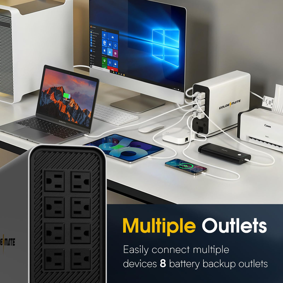 GOLDENMATE 1000VA/800W Lithium UPS Battery Backup and Surge Protector, Sinewave UPS System with LiFePO4 Battery(230Wh), Updated Pro Ver. with USB Communication Port, 8 Outlets, LCD Display, White