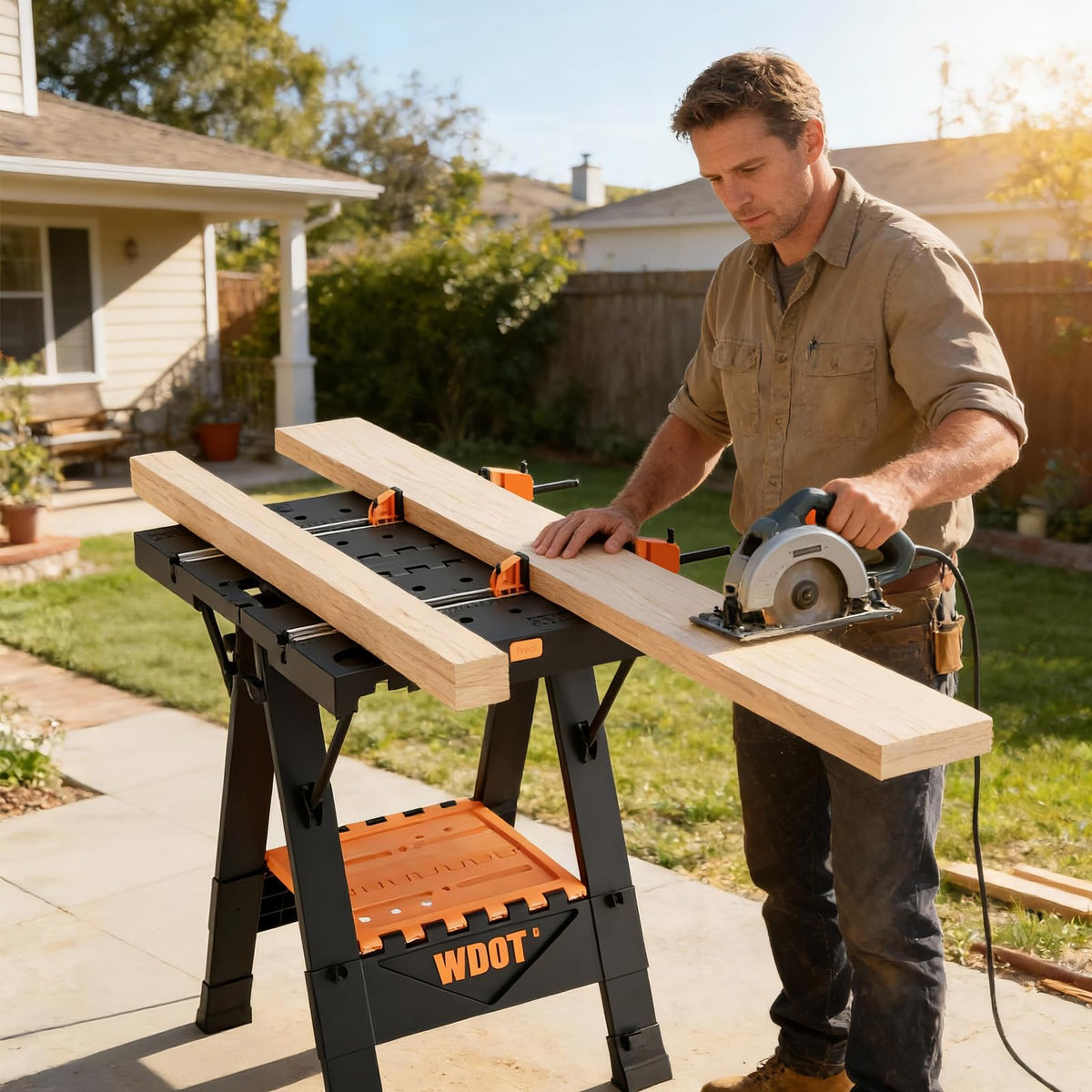 WDOT 2-in-1 Folding Work Bench & Sawhorse, Easy Setup Portable Work Table, 31" W x 25" D x 32" H, Laser-Engraved Scale,Lightweight Worktable with Large Load Capacity, 2 Clamps & 6 Bench Dogs