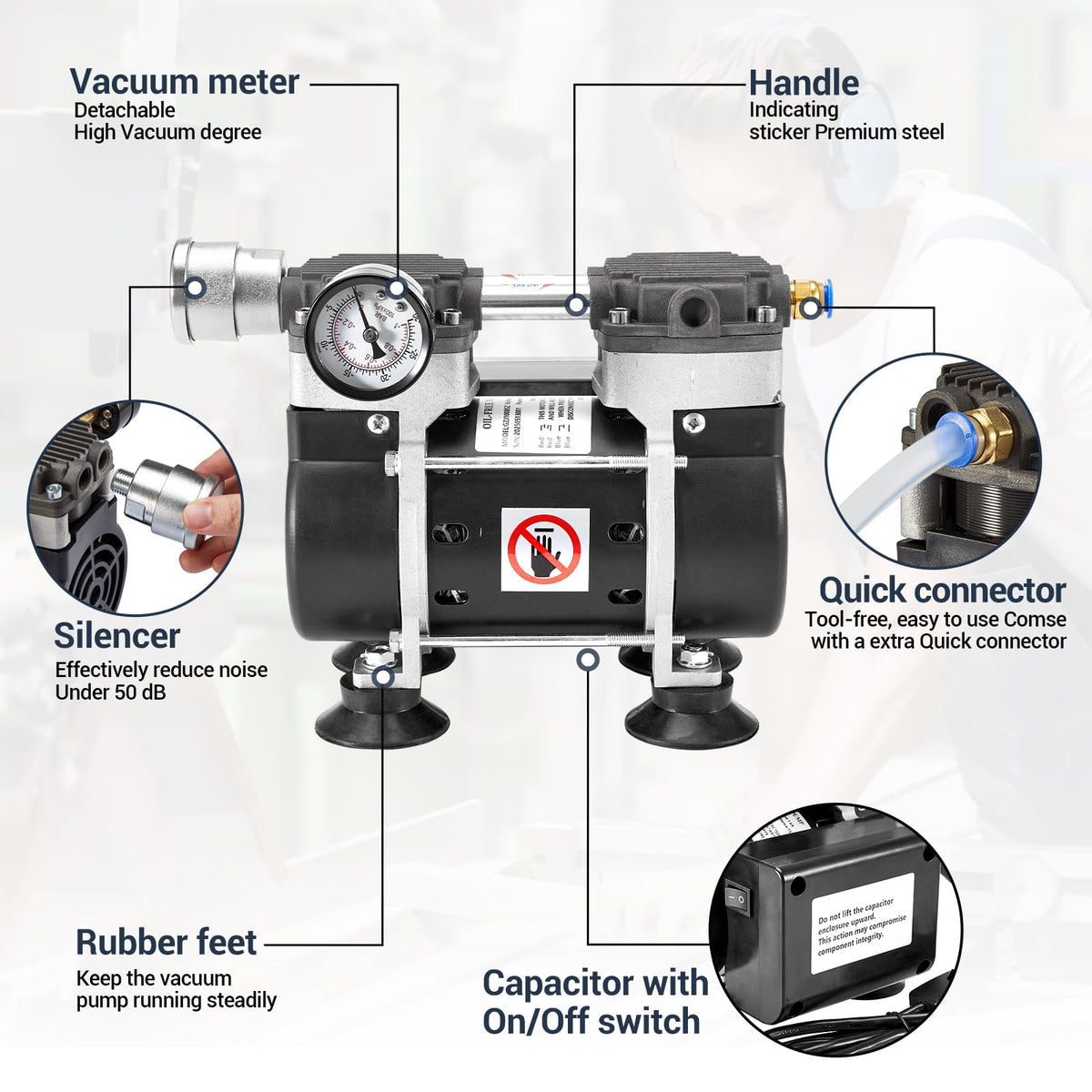 ScitoLAB Vacuum Pump 50 L/Min, Oilless Pump with Upgraded Capacitor, Vacuum Meter, Aluminum Silencer, 4 Quick Connectors, for Lab Electronics Industry
