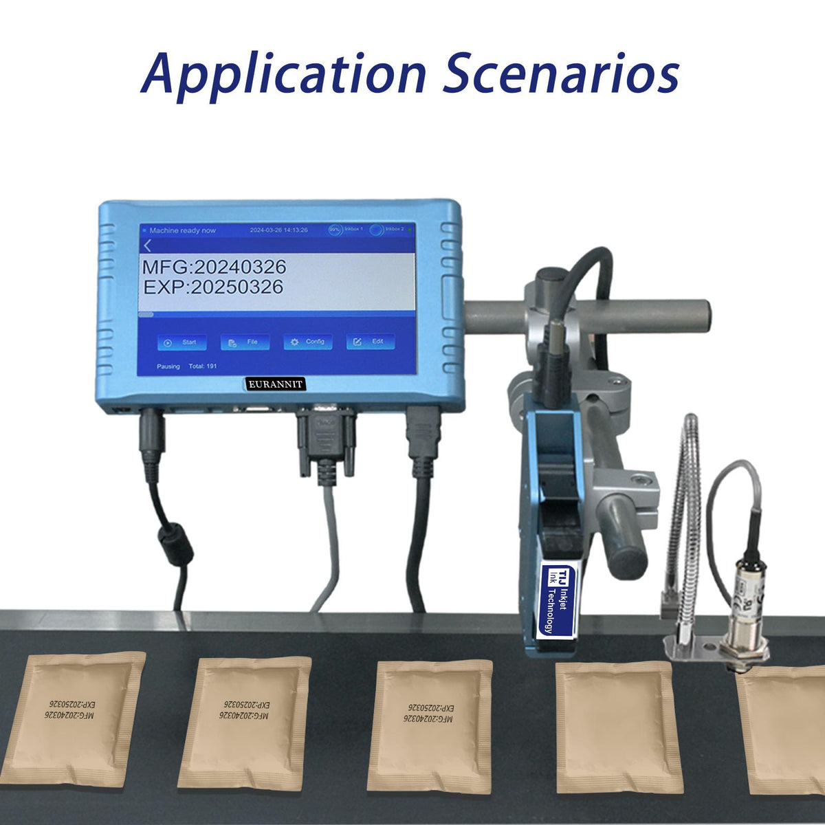 Eurannit Automatic Inkjet Coding Machine for Production Line, 260E TIJ Inkjet Printer with 7” Touchable Screen for Date/Batch/QRCode/Barcode/Logo etc (1 Nozzle / 1 in)