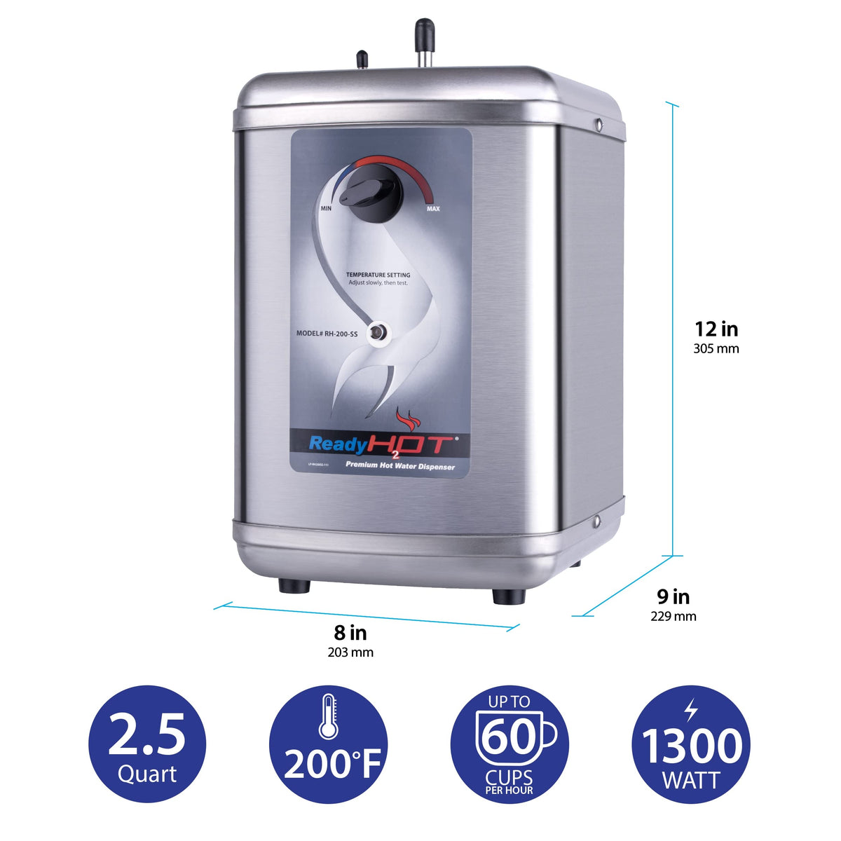 Ready Hot 40-RH-200-SS Instant Hot Water Dispenser System, 2.5 Quarts Manual Dial Tank Only, Stainless Steel