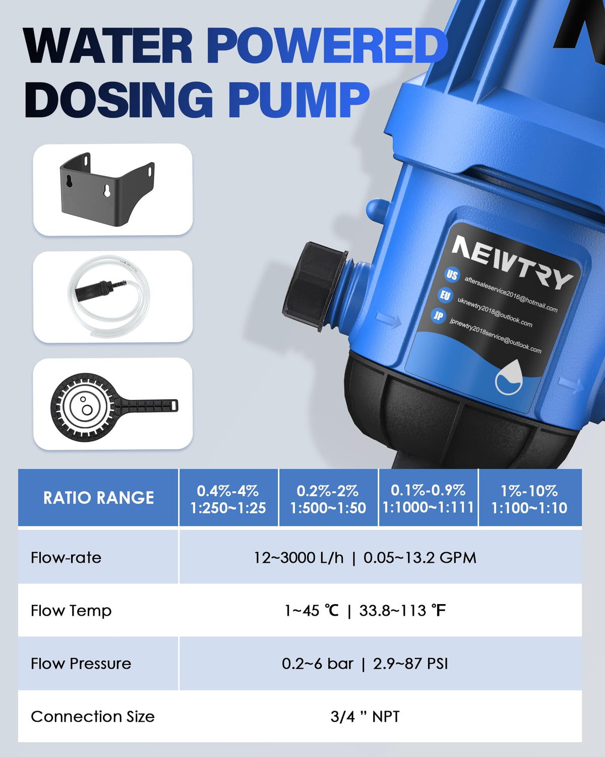 NEWTRY Fertilizer Injector for Drip Irrigation, 0.4%-4% Adjustable Dosing Pump, 3/4'' NPT Water Powered Liquid Doser for Garden, Greenhouse, Irrigation & Hydroponic System, Farm, Grow Tent