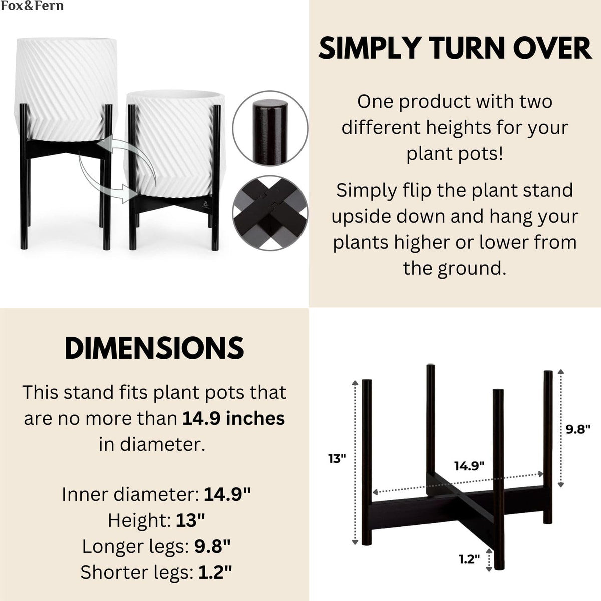 Fox & Fern Bamboo Plant Stand — 14.9 Inch Fixed Size Wooden Mid Century Planter Stand for Indoor Planters (Not Included); Extra Large Flower Pot Holder for Indoor Big Pots; Plug In Design; Dark Bamboo