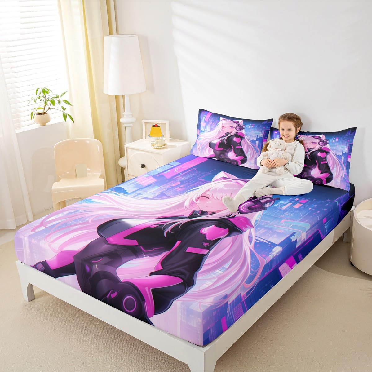 Erosebridal Twin Anime Girl Bed Sheets 2 Piece, Kawaii Japanese Anime Bedding Set Cartoon Girl Fitted Sheet Sci Fi Style Japanese Animation Sheets for Kids Girls Teens Adult Room