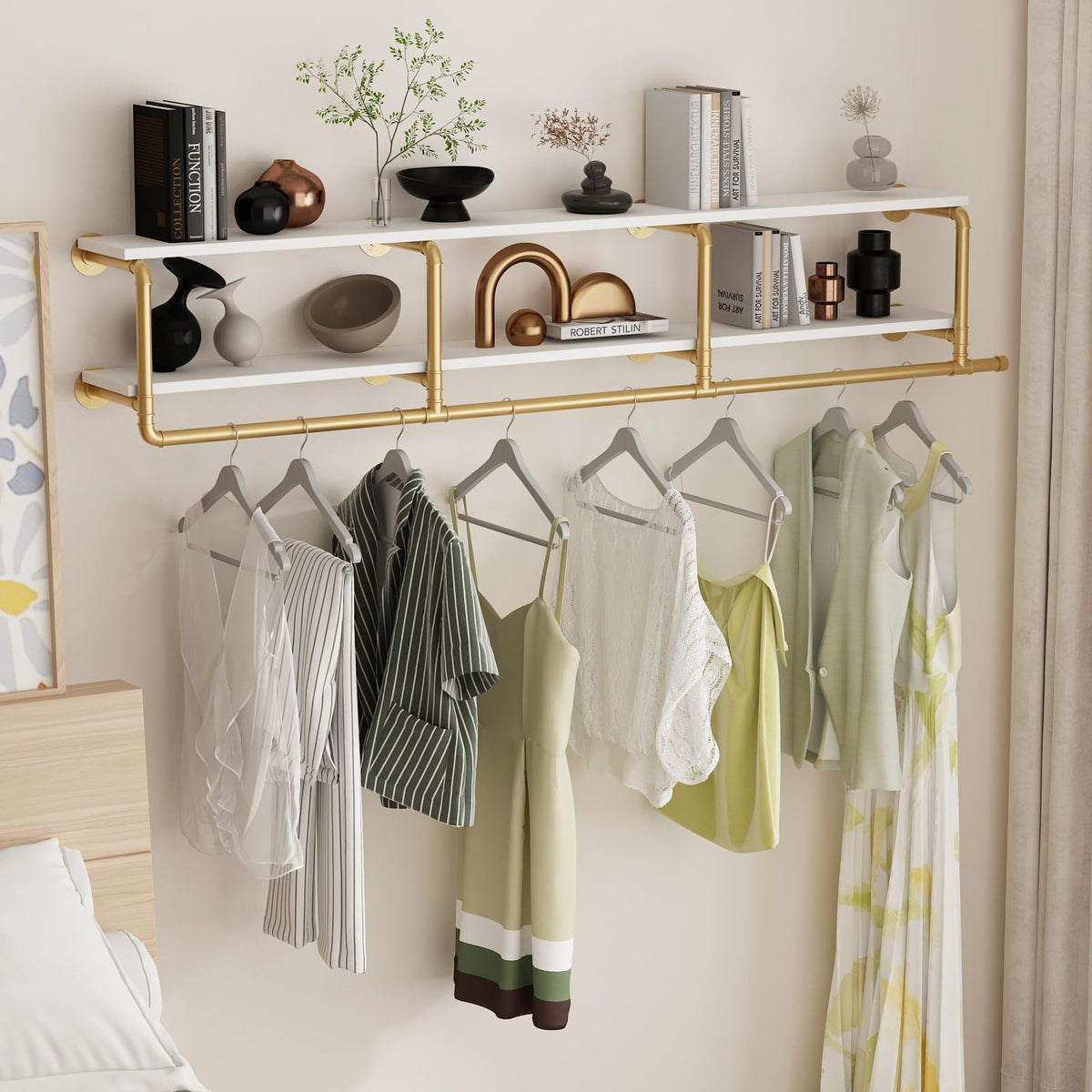 ORSENIGO Industrial Pipe Clothing Rack with Shelves, Gold Wall Mounted Clothes Rack for Home Retail