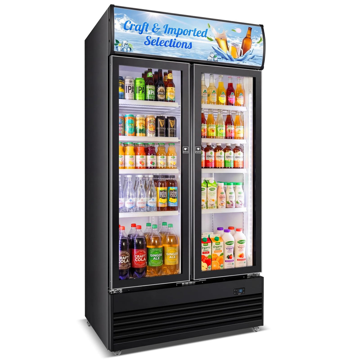 Velivi Commercial Display Beverage Fridge, 40″ Double Glass Door Refrigerator, 28.1 Cu.Ft Large Capacity with 8 Adjustable Shelves, Upright Cooler for Shop, Bar & Restaurant