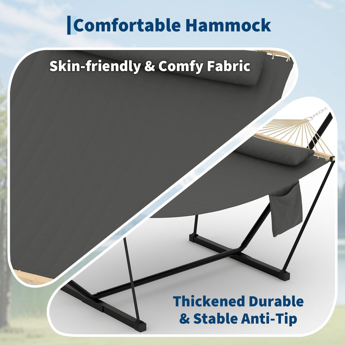 Double Hammock with Stand - Heavy Duty Portable 2 Person Design with Adjustable Steel Stand, Max 450LBS, Ideal for Outdoor Patio, Garden, Beach & Backyard