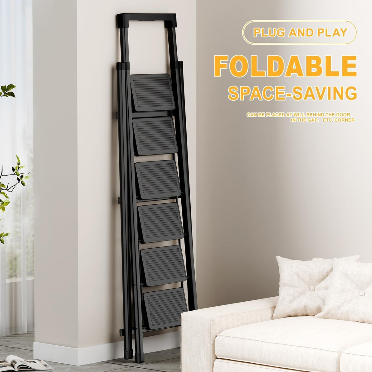 7 Step Ladder with Platform, Folding Step Stool Heavy Duty, Portable Step Ladders with Anti-Slip Widen Pedals, Handrail, Safe-Lock Design, Tall Kitchen/Closet Step Ladder for Adults,Carbon Steel