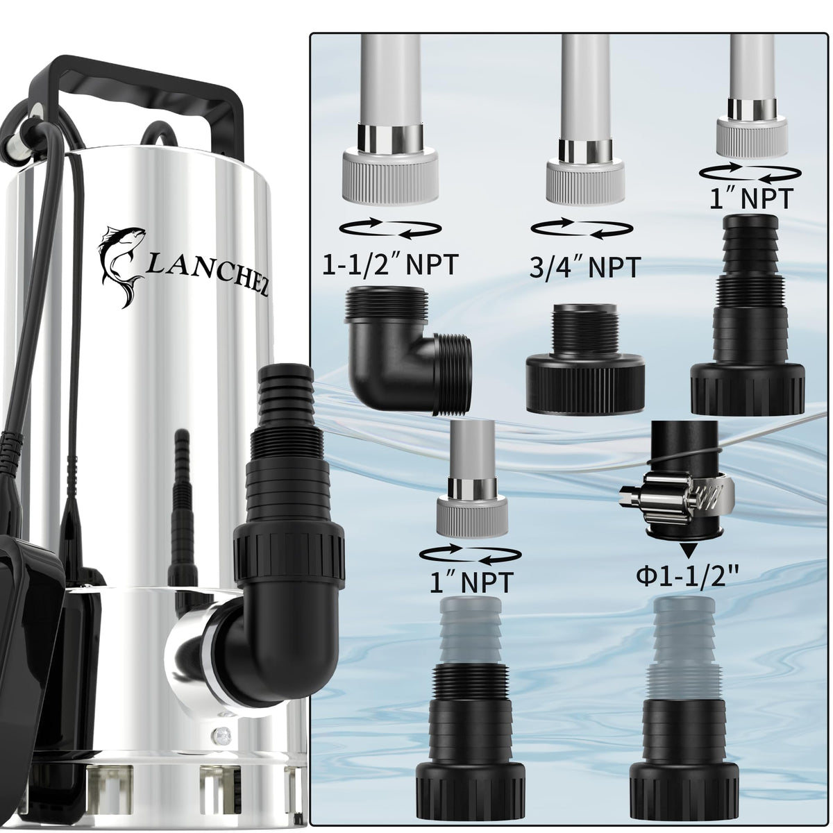 LANCHEZ 1.6HP 6000GPH Sump Pump, Stainless Steel High Flow Submersible Water Pump with Float Switch, Automatic Transfer Water Pump for Swimming Pool Basement Flooded Pit Sewage Sink Tub, Silver