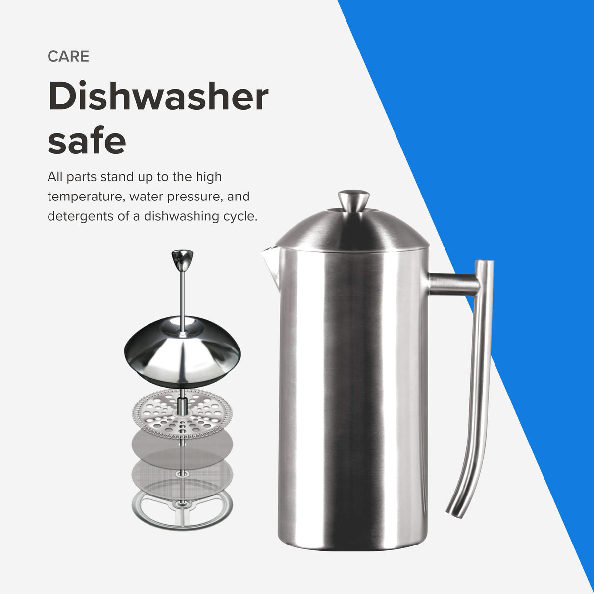 Frieling Coffee Press Stainless Steel French Press Coffee Maker - 44 oz, Brushed Stainless Steel - Double-Walled Insulated Zero Sediment Filter - For Home & Camping