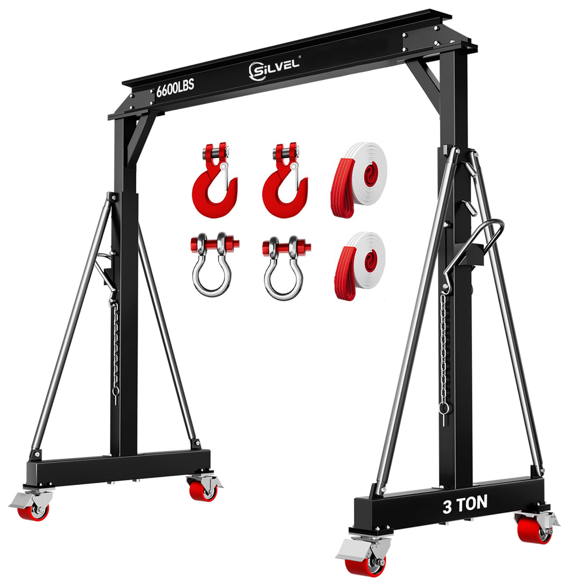 SILVEL 3 Ton Gantry Crane, Max 6600Lbs 8.53FT Maximum Working Width, Adjustable Height 8.53-12.47FT, Portable Shop Lift Hoist with 3 Ton Manual Trolley for Factories, Warehouses, Garage,Black