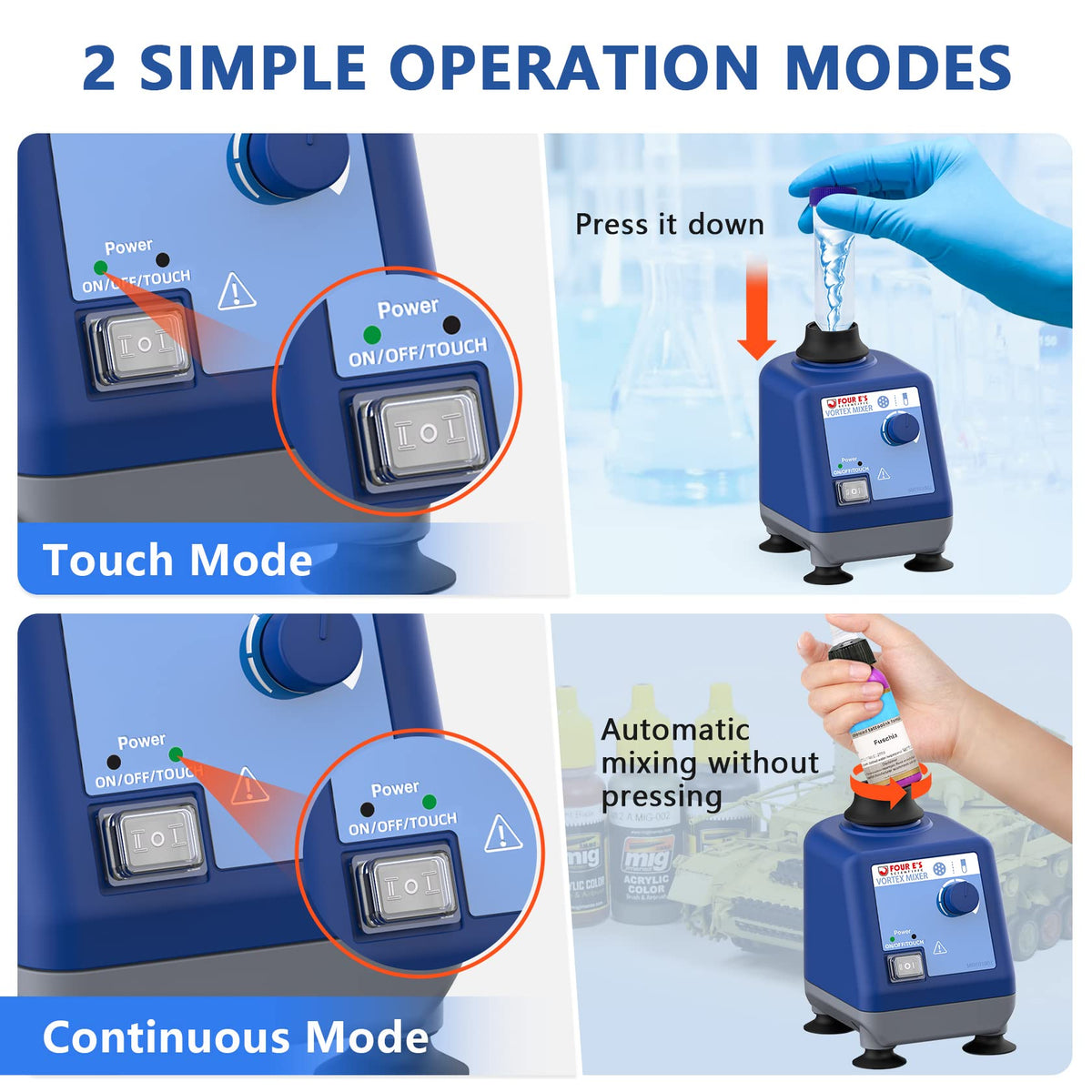 FOUR E'S SCIENTIFIC Laboratory Vortex Mixer, Mini Vortex Shaker, 0-3000rpm, Touch & Continuous Function Paint Mixer, with 100pcs 7/32inch Paint Mixing Balls & 1 pcs Platform Pad, for Acrylic Paints