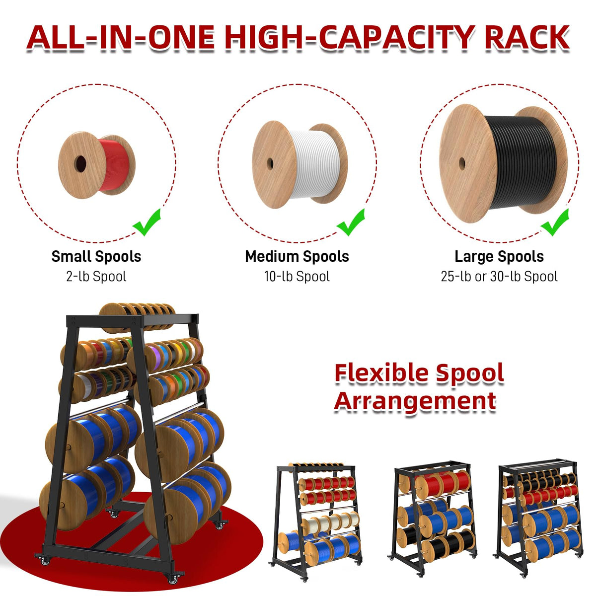 ATOLS Heavy-Duty 13-Rod Wire Spool Rack – 400lb Capacity, Adjustable Cable Caddy & Dispenser with Locking Wheels for Electrical and Industrial Use