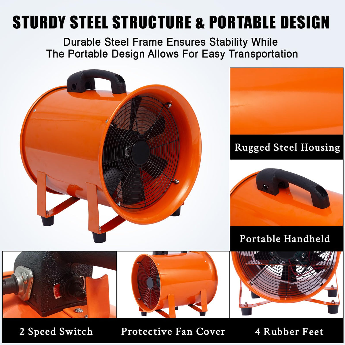 ActiveTrail 12 Inch Air Mover Blower Fan, 3500 CFM 580W Industrial Portable Ventilator Blower with 16 ft Flexible Duct,for Basements, Warehouse, Workshop, or Confined Space