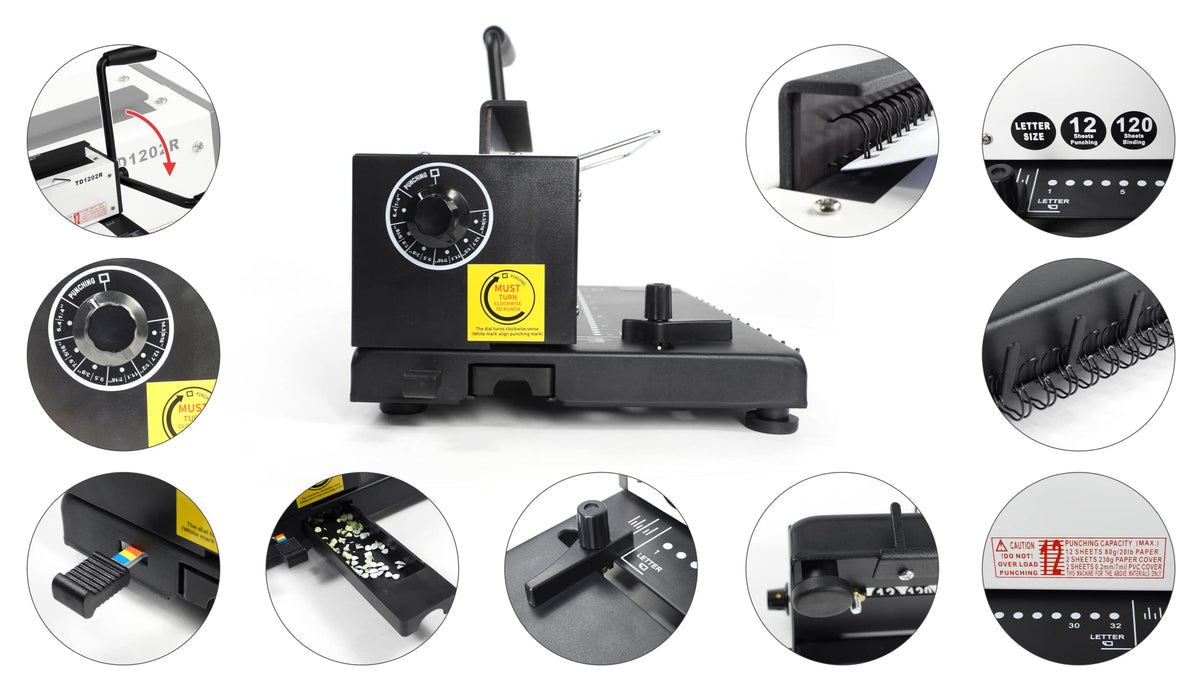Rayson TD1202R Wire Binding Machine, 3:1 Pitch Round Hole Coil Binder Hole Punch, Compatible with Wire, Spiral, and Click Binding Spines, 32-Hole Punch, Punches 12 Sheets, Binds 120 Sheets