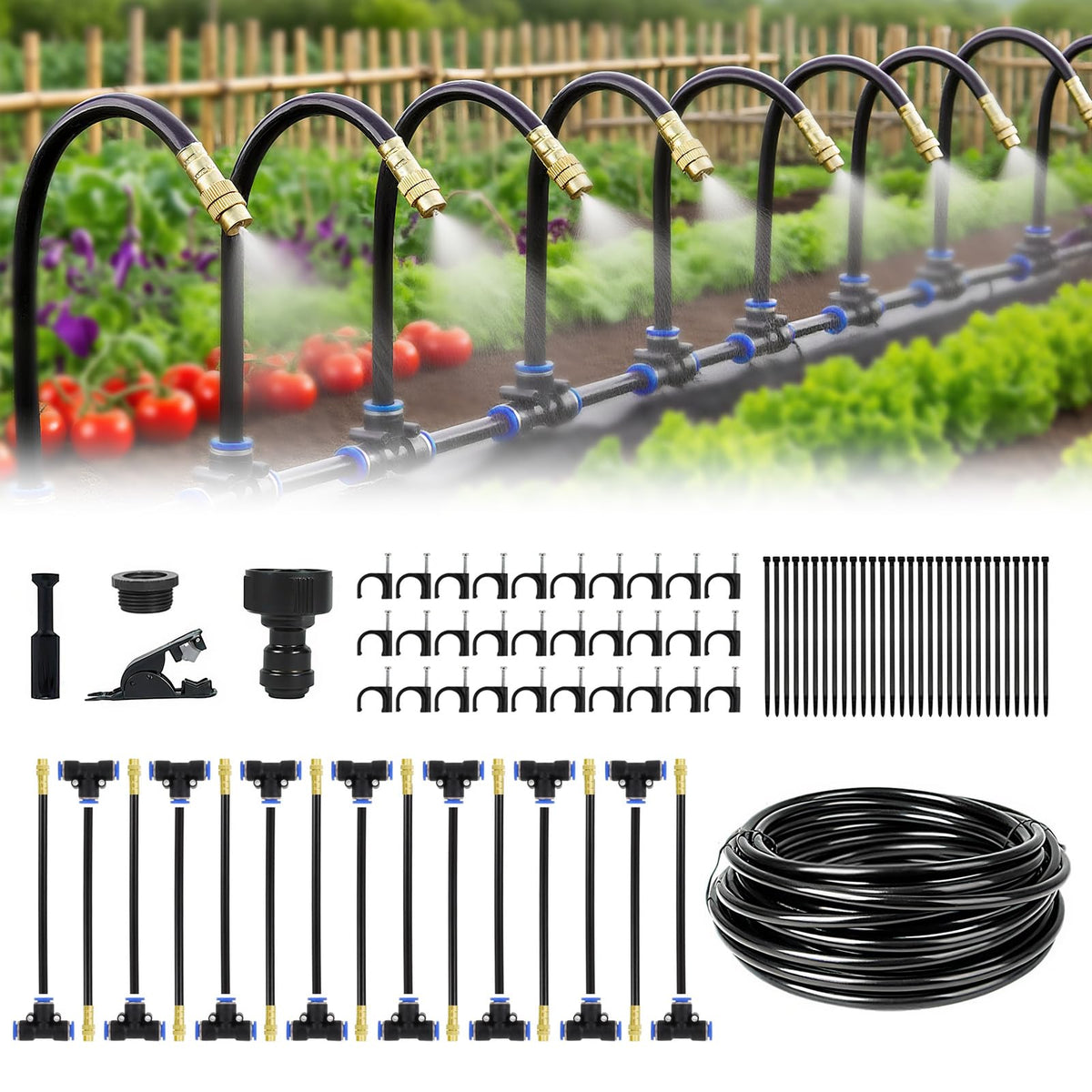 Automatic Drip Irrigation Kit - 50FT with Tool-Free Quick Connectors, 15 Copper Atomizing Nozzles & 360° Bendable Spray for Garden, Greenhouse, Lawn, Plants