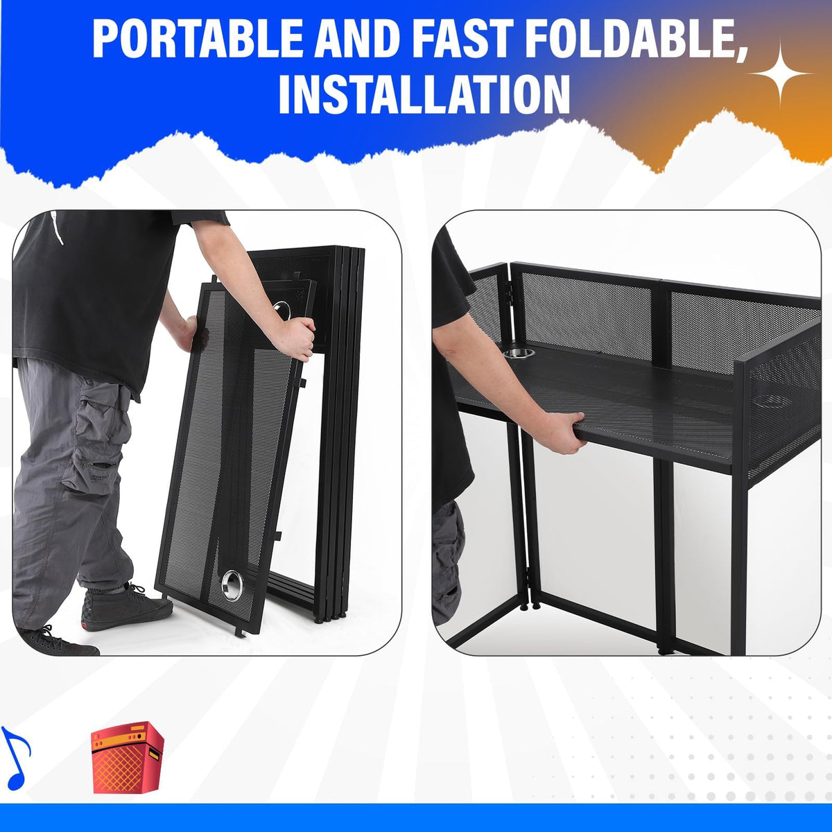 DJ Facade Portable Booth Table with White & Black Lighting Scrim,50" L X 25" W DJ Stand Booth,Foldable DJ Table Station with Adjustable DJ Event Facade Feet for Party, Black Metal Frame