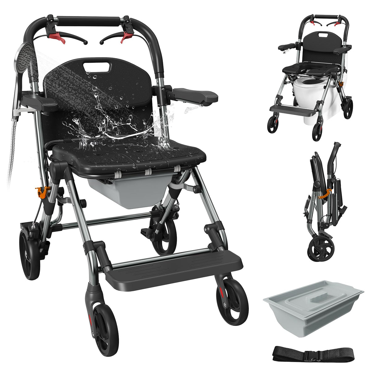 Portable Bedside Commode Chair 3-in-1, Foldable Toilet Chair with Raised Seat & Shower Chair, for Use with Wheelchairs for Adults, Heavy Duty Commode for Elderly, Disabled, Supports 330 lbs (BLACK)