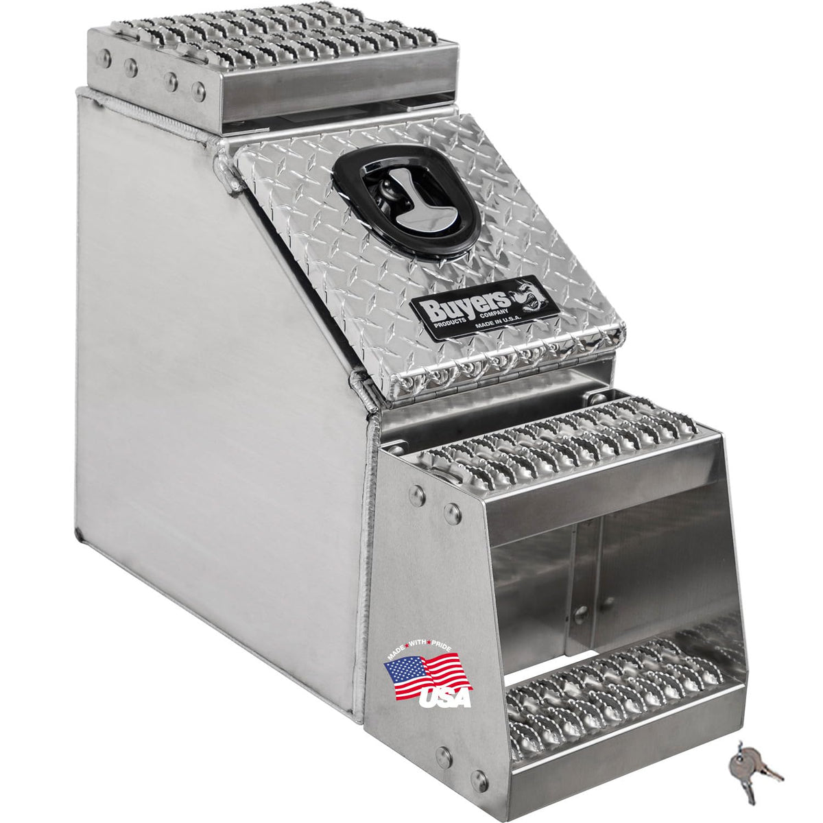 Buyers Products 1705180 Silver Diamond Tread Aluminum Heavy Duty Saddle Step Box, 24 x 28 x 12 Inch, Frame Steps With Built In Side Storage, Locking Die-cast Compression Latch, Semi-Truck Tool Box