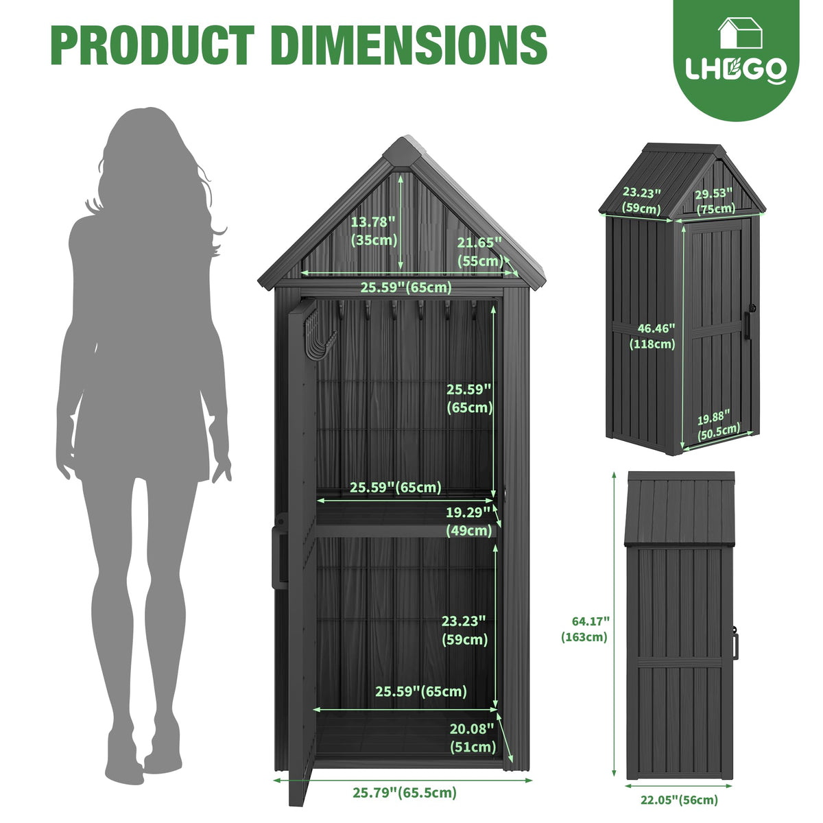 LHBGO Outdoor Storage Shed with Door & Shelf, Large Capacity Weatherproof Garden Tool Cabinet with Multiple Hooks for Backyard, Patio, Lawn（Black