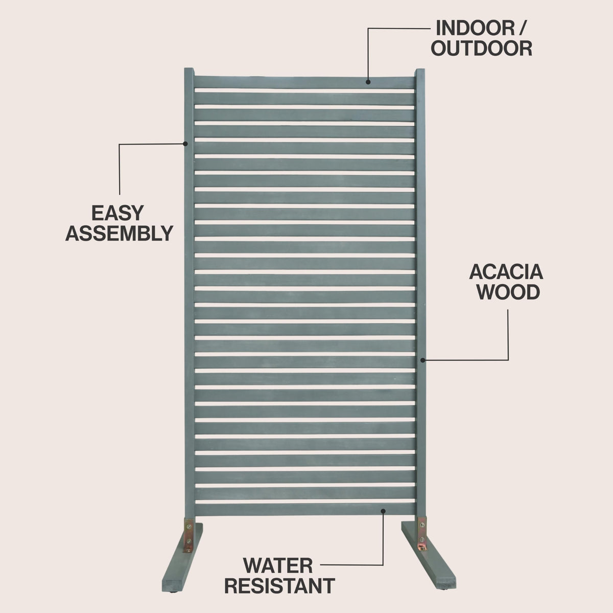 JONATHAN Y Solana Solid Acacia Wood Slat Outdoor Privacy Screen, 36" x 74" Freestanding Single Panel Room Divider, Weather-Resistant Wood Fence for Patio, Garden or Balcony, Gray Wash DVR2000B