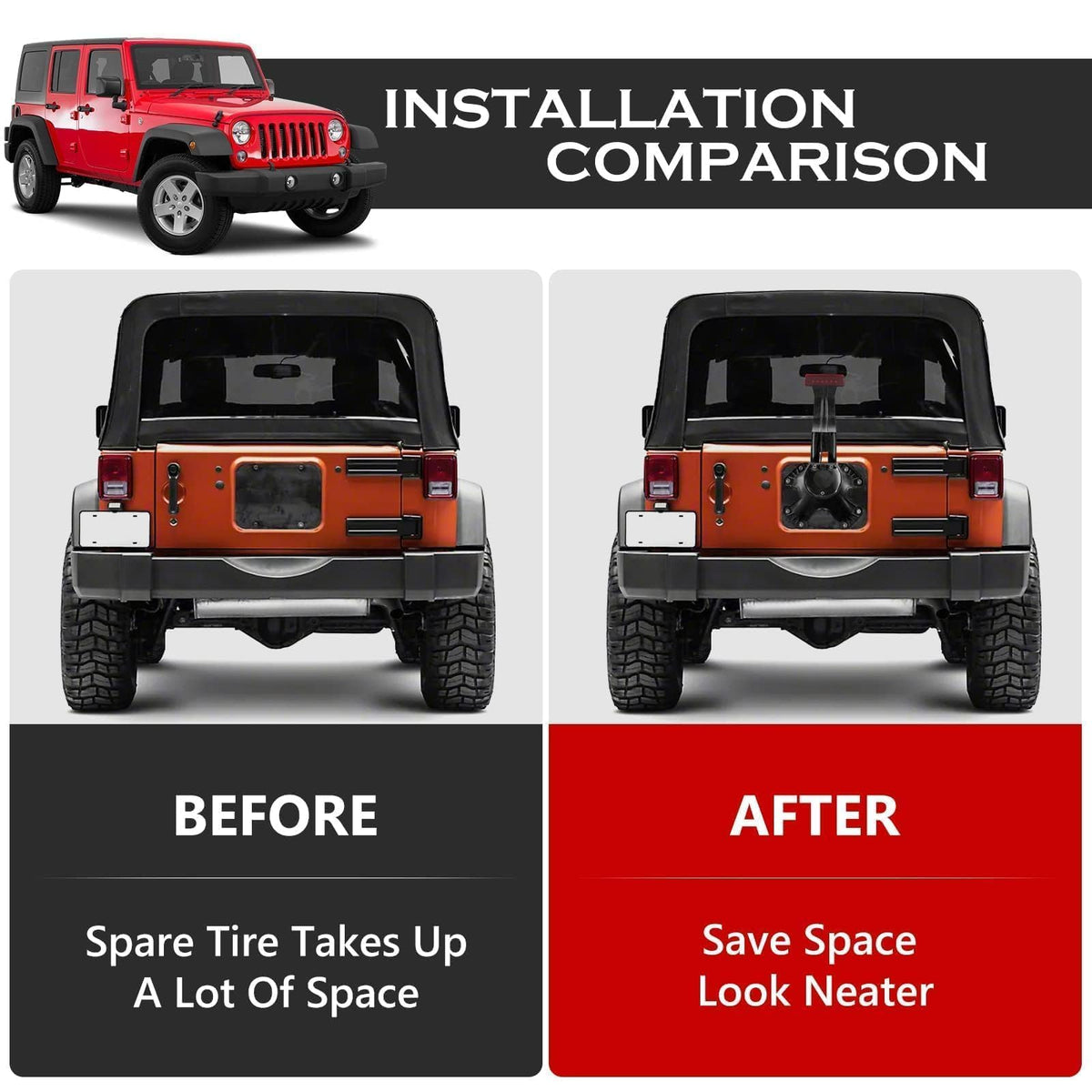 DKMGHT Spare Tire Holder Mounting Bracket Tire Carrier for Jeep Wrangler JK 07-18 with 3rd Third Brake Light Accessories 55397217AJ 68048581AA Aluminum Alloy Carrier Bracket(Red Lens)
