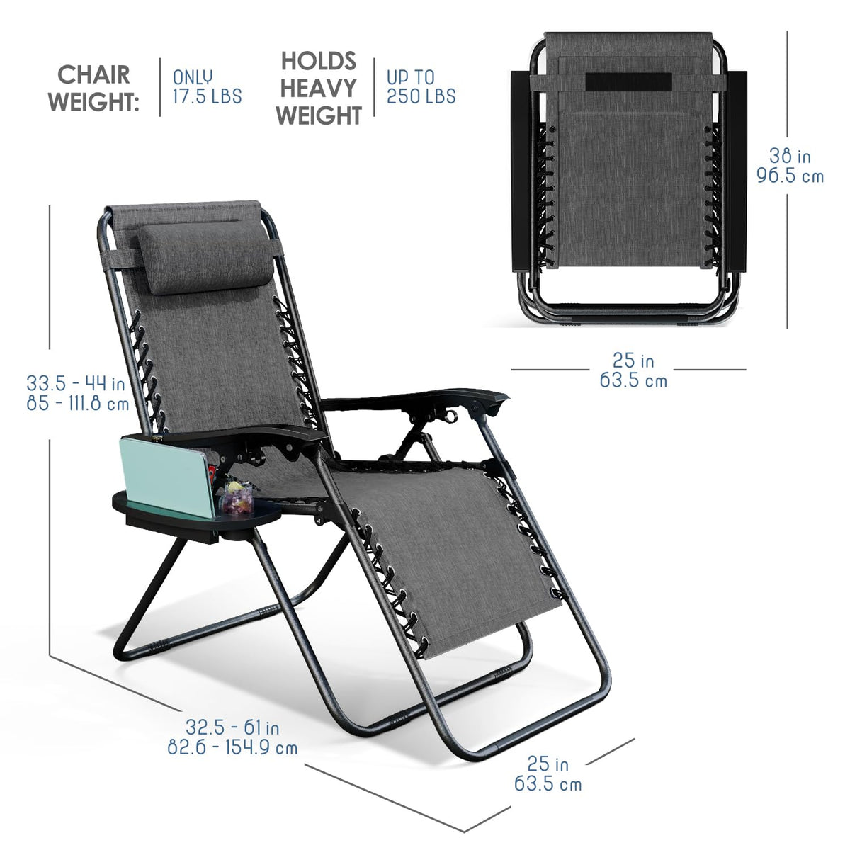 Nestl Zero Gravity Chairs Set of 2, Patio Lounge Chair Outdoor with Pillows & Cup Holder Trays, Adjustable Steel Mesh Reclining Camping Chair, Folding Patio Lawn Chair for Deck, Beach, Yard - Grey