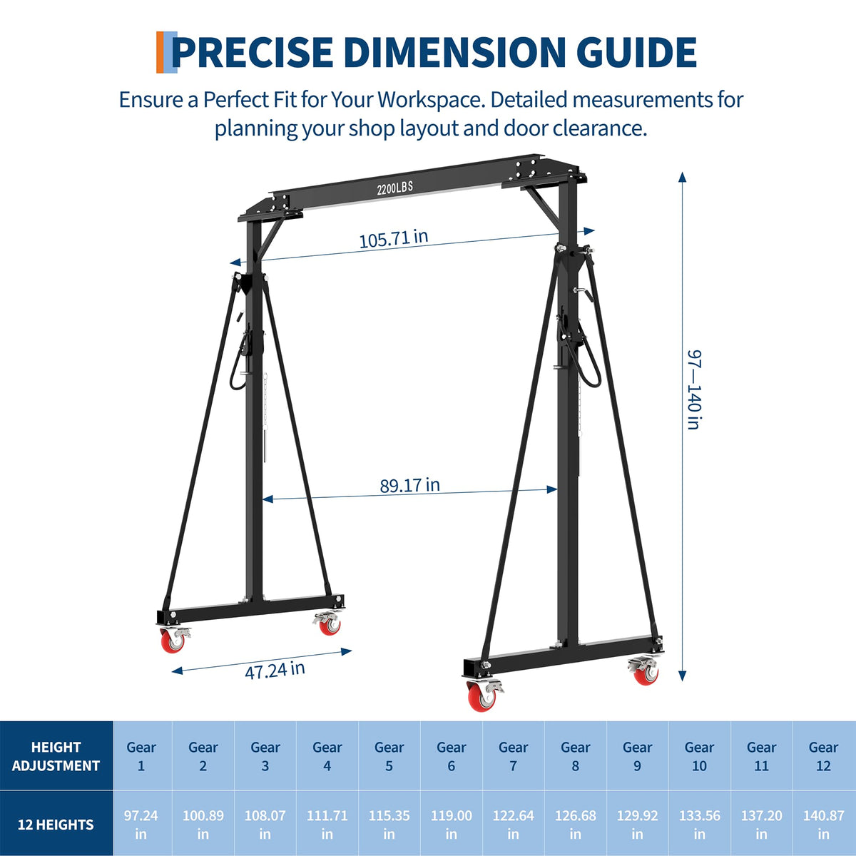 Adjustable Gantry Crane, 1 Ton 2200 LBS Capacity, Portable Gantry Crane Height Adjustable 97" to 141" with 12 Positions, for Factories, Warehouses, Construction, Auto Repair