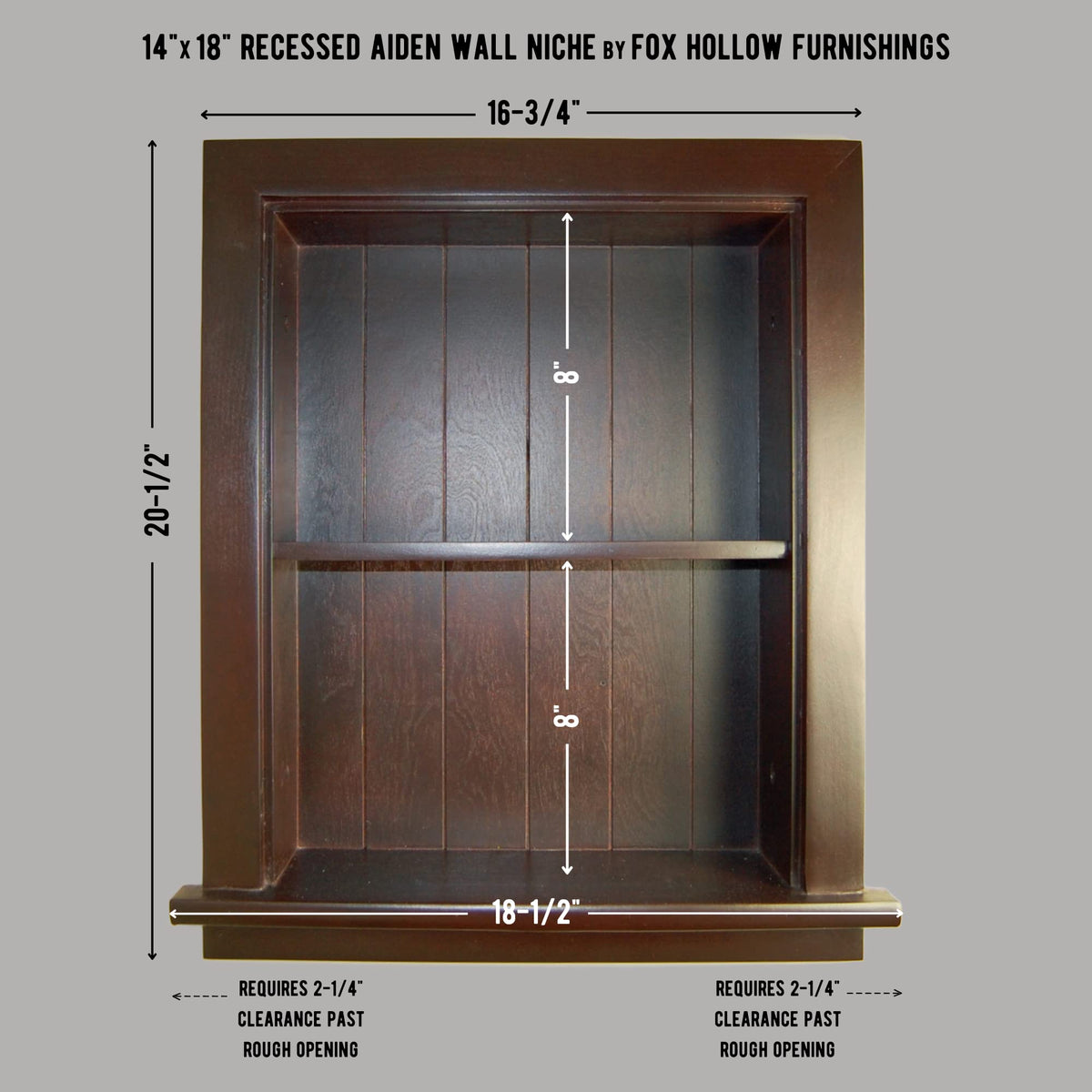 Fox Hollow Furnishings 14x18 Aiden Recessed Wall Niche Medicine Cabinet Replacement, in The Wall Bathroom Cabinet Insert Shelf/Shelves, Made in North America, Real Wood, NO MDF, Beadboard, Dark Brown