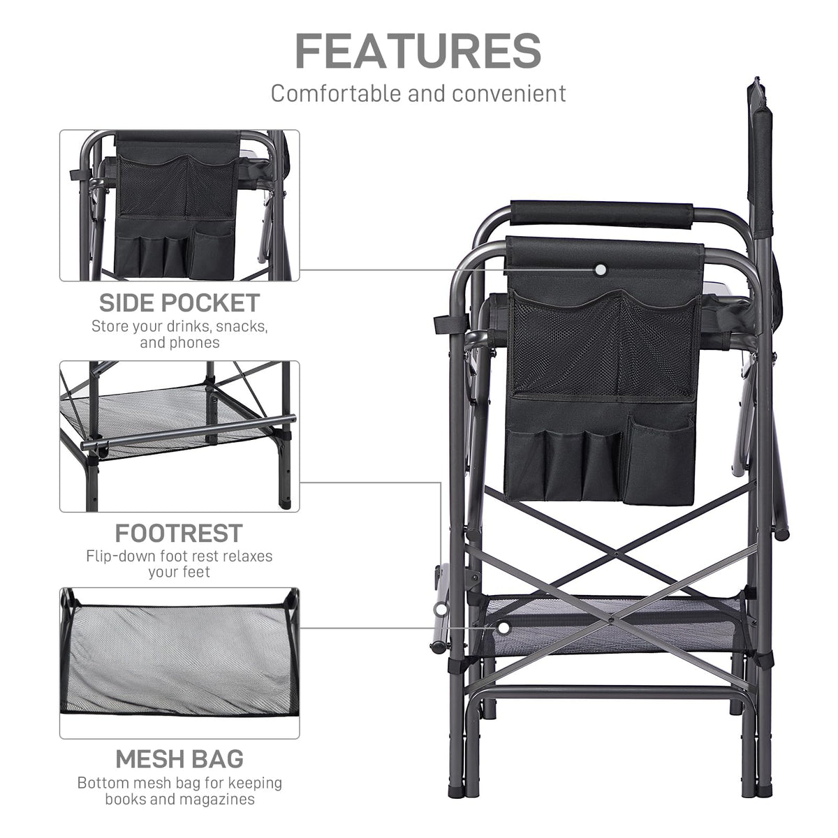 EVER ADVANCED 30.7" Seat Height Directors Chair for Makeup Artist with Side Table Easy Get in Out for Elderly Tall Camping Chair Supports 350lbs Black