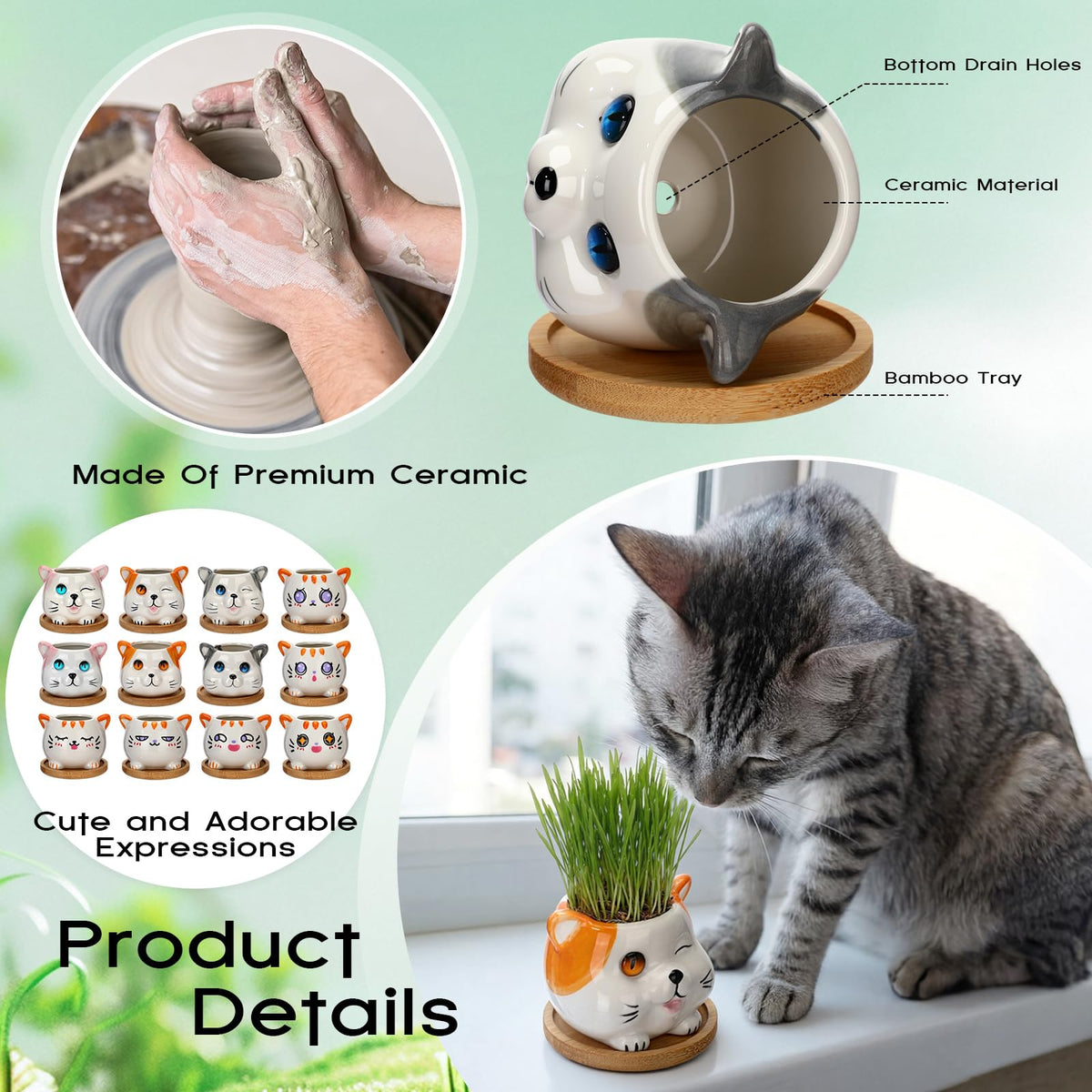 Cindeer 18 Pcs 2.5 Inch Cat Ceramic Succulent Planter Pots – Cute Cat Small Pots with Drainage Hole and Bamboo Tray for Succulents, Cactus, Home Garden Office Desk Decoration Gift Ideas