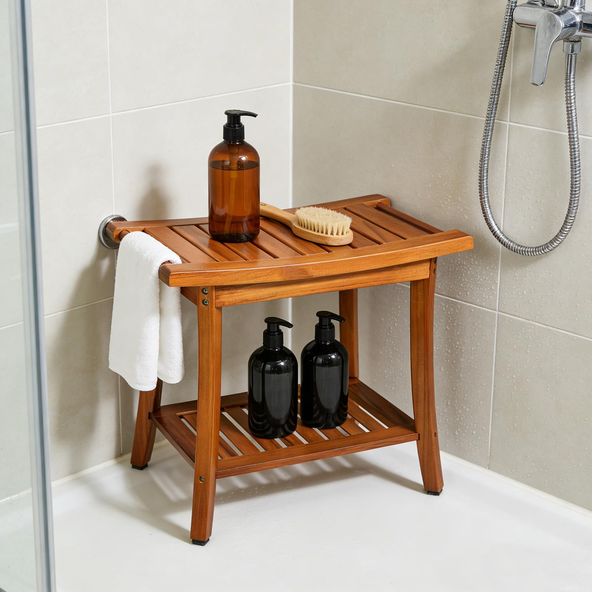 Utoplike Teak Shower Bench Seat with Handles, Portable Wooden Spa Bathing Stool with Storage Towel Shelf, 22" x 13" x 18.6", Perfect for Indoor and Outdoor Use
