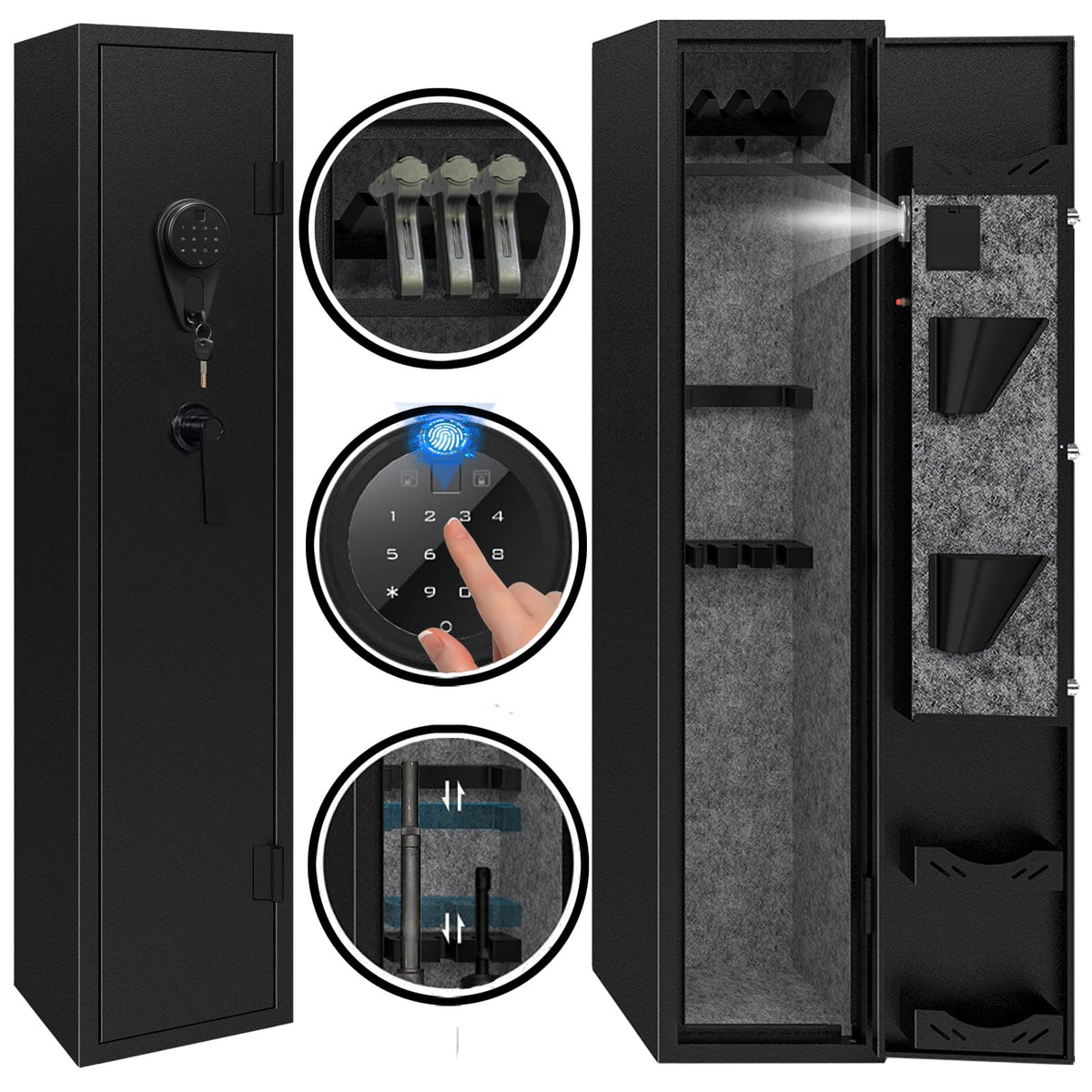 Kaer Gun Safe,Rifle Safe,4-5 Biometric Long Gun Safes for Rifles and Pistols,Gun Cabinet for Rifles and Shotguns with Fingerprint/Digital Keypad/Removable Shelf for Home,Garage,Office
