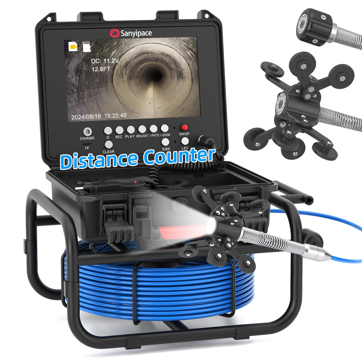 Sanyipace Drain Camera 100FT/30M, 23mm/0.9in FHD Sewer Inspection Camera, 5X Zoom, Distance Counter, 9" IPS Screen, DVR & Voice Recorder, 16GB Card, for Sewer Line, Pipe, Duct, Plumbing, Plumber, Home