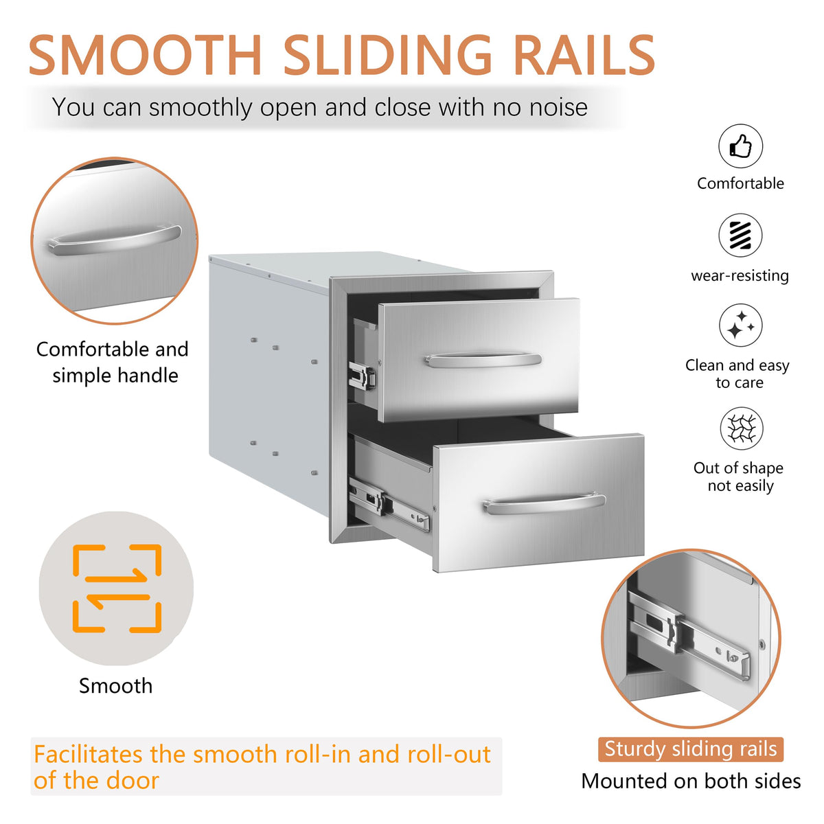 RAILEN Outdoor Kitchen Drawers 14" W x 15" H x 23" D Built-in BBQ Drawer Stainless Steel Access Drawers for Outdoor Kitchen Island or Grill Station