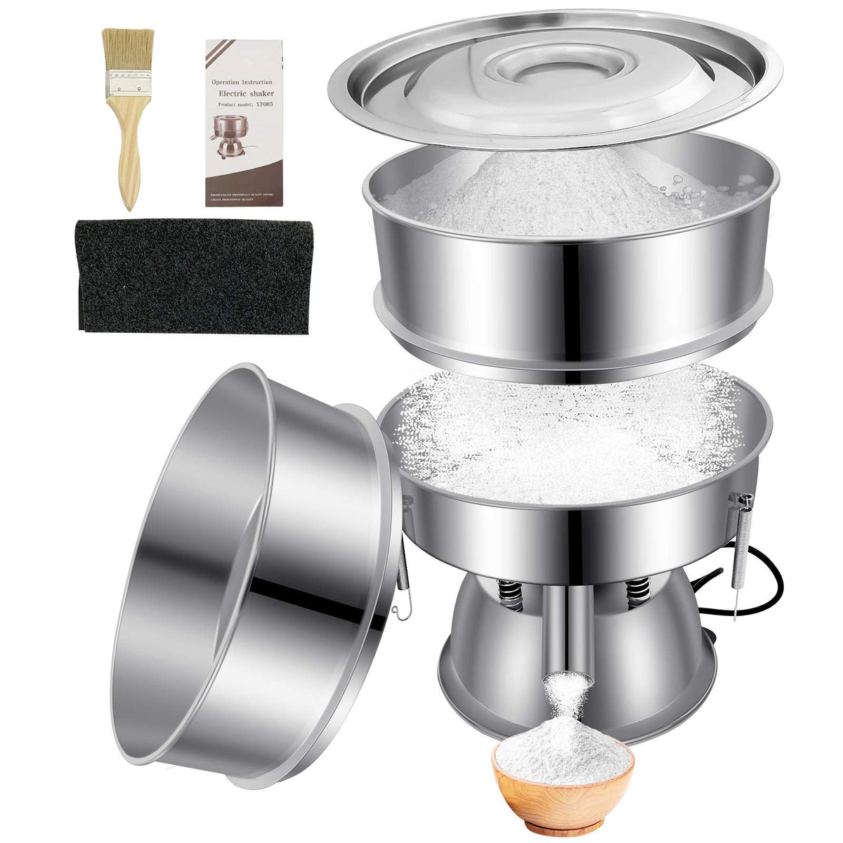 Automatic Sieve Shaker Machine, 110V Stainless Steel Vibrating Sifter with 10 & 60 Mesh Screens for Flour & Powders