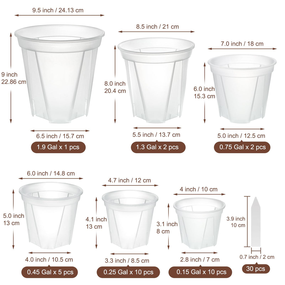 Clear Nursery Pots with Drainage, 30 Pack Transparent Plastic Orchid Planters, 6 Sizes Plant Pots 9.5/8.5/7/6/4.7/4 Inch with 30 Plant Labels for Seedlings, Succulents, Indoor/Outdoor Repotting