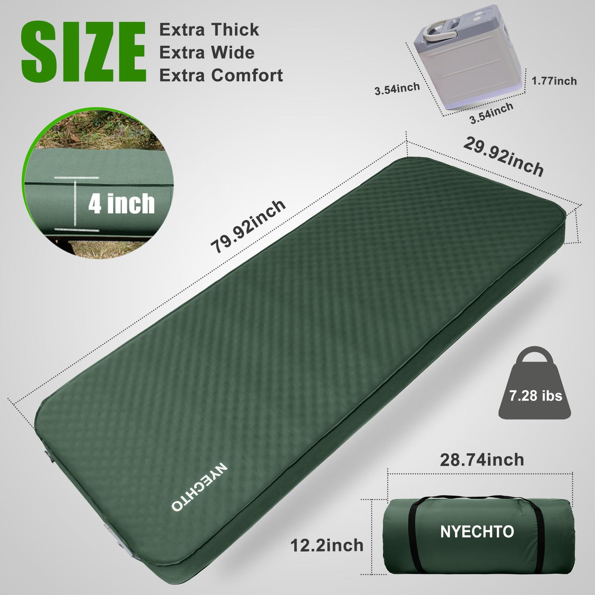 NYECHTO Self Inflating Sleeping Pad for Camping, 4" Extra-Thick Memory Foam Camping Mattress with Electric Pump, Fast Inflate & Deflate,9.5 R-Value Insulated Camping Pad for Car Travel Tent Cot, Green