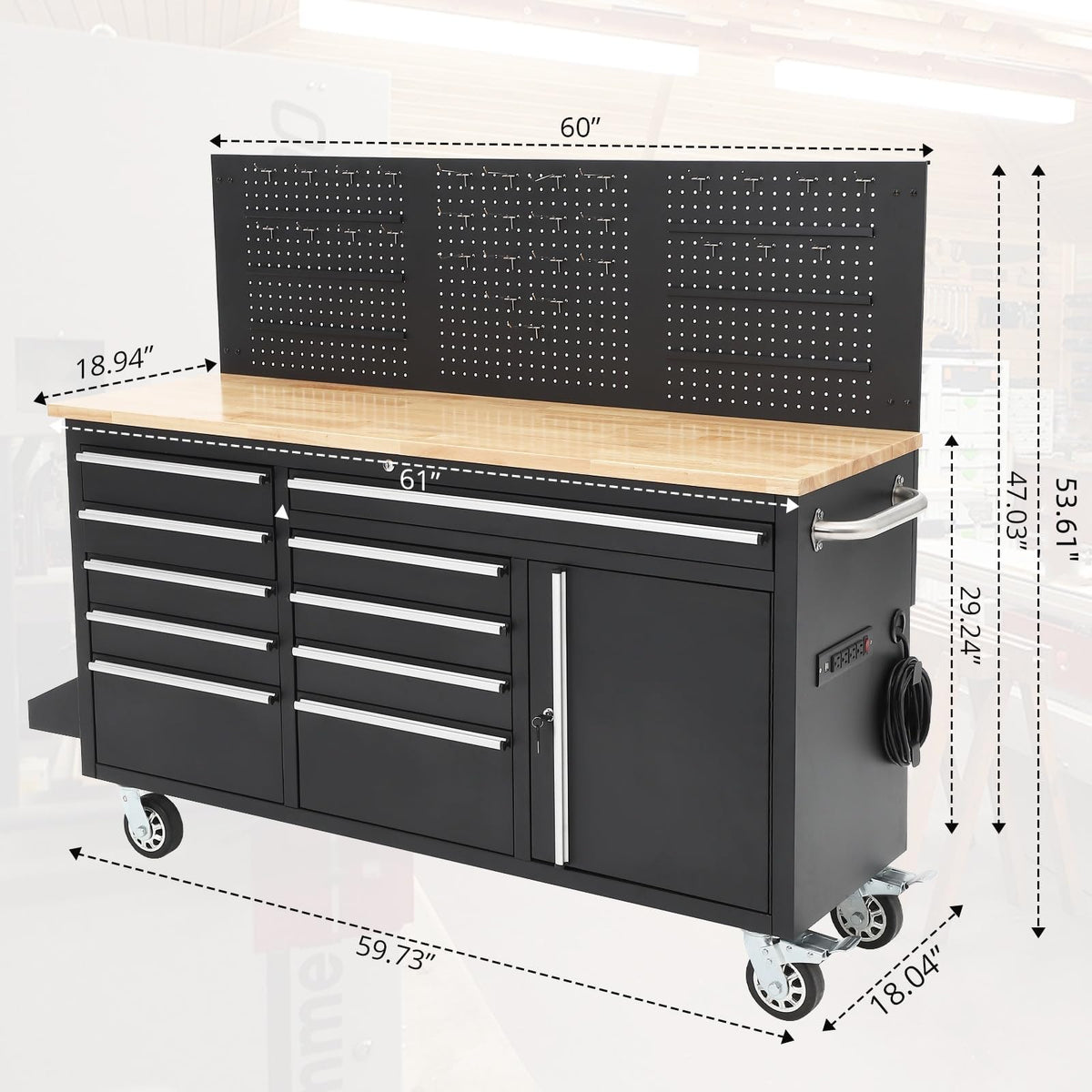 61-Inch Heavy Duty Rolling Tool Chest with 10 Drawers and Solid Rubber Wood Top Mobile Workstation, 1675 LBS Load, Includes Power Strip, Locking System, Drawer Liners for Garage Warehouse Repair Shop