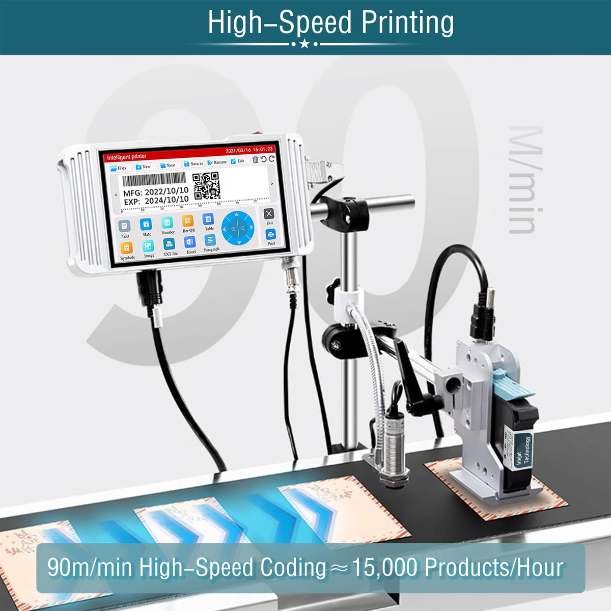 Phezer 0.5inch/12.7mm Automatic Online Inkjet Coding Machine for Production Line, 23 Languages, Intelligent Variable Data/Date/Logo/Barcode/Image Thermal Inkjet Printer, (2 Nozzles, 70M/min, PW2)