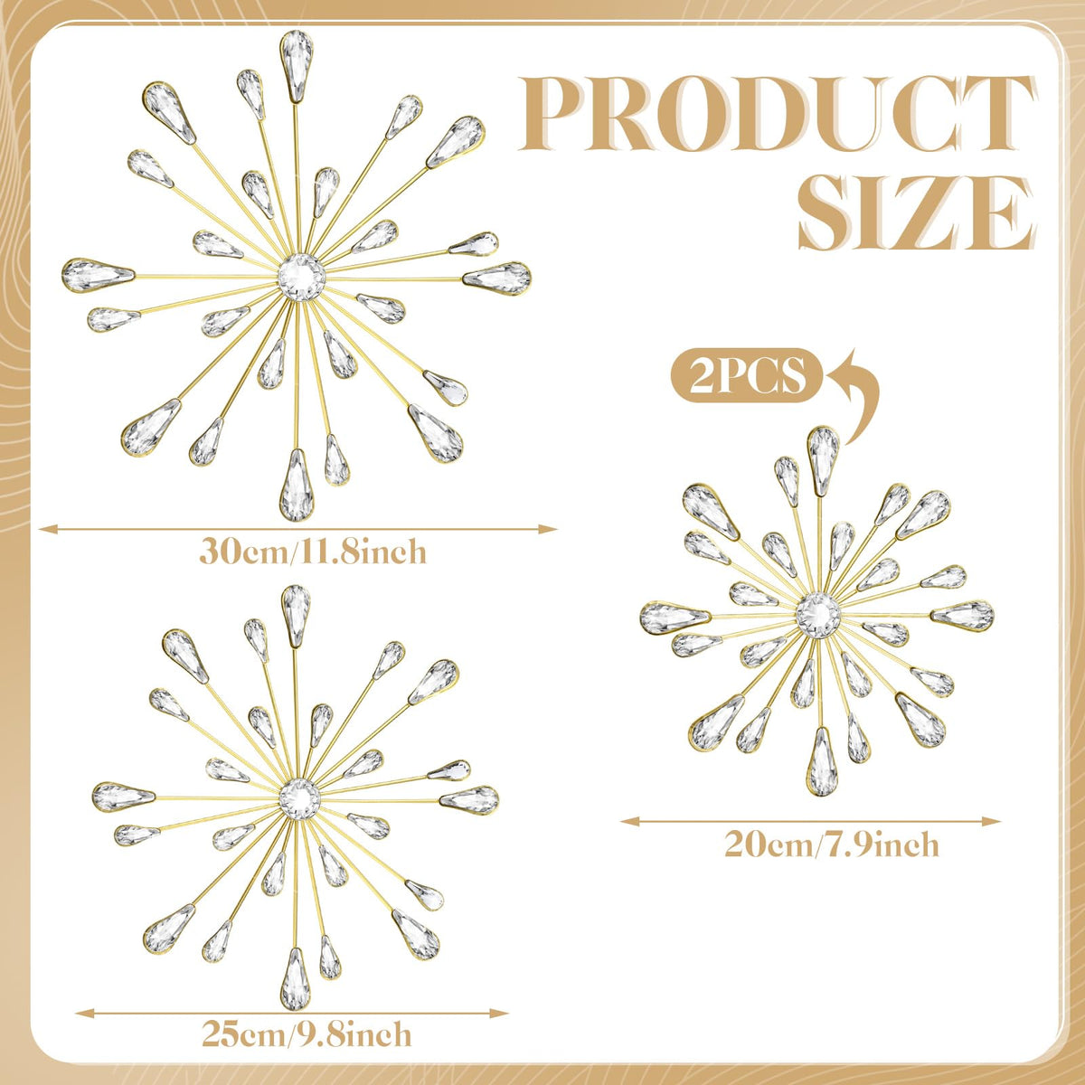 Hicarer 4 Pcs Starburst Wall Decor Bling Wall Art Crystal Teardrop 3D Hanging Rhinestone Radial Metal Artwork Modern Accent Sculptures Decorations for Living Room Home Office Bedroom(Gold)