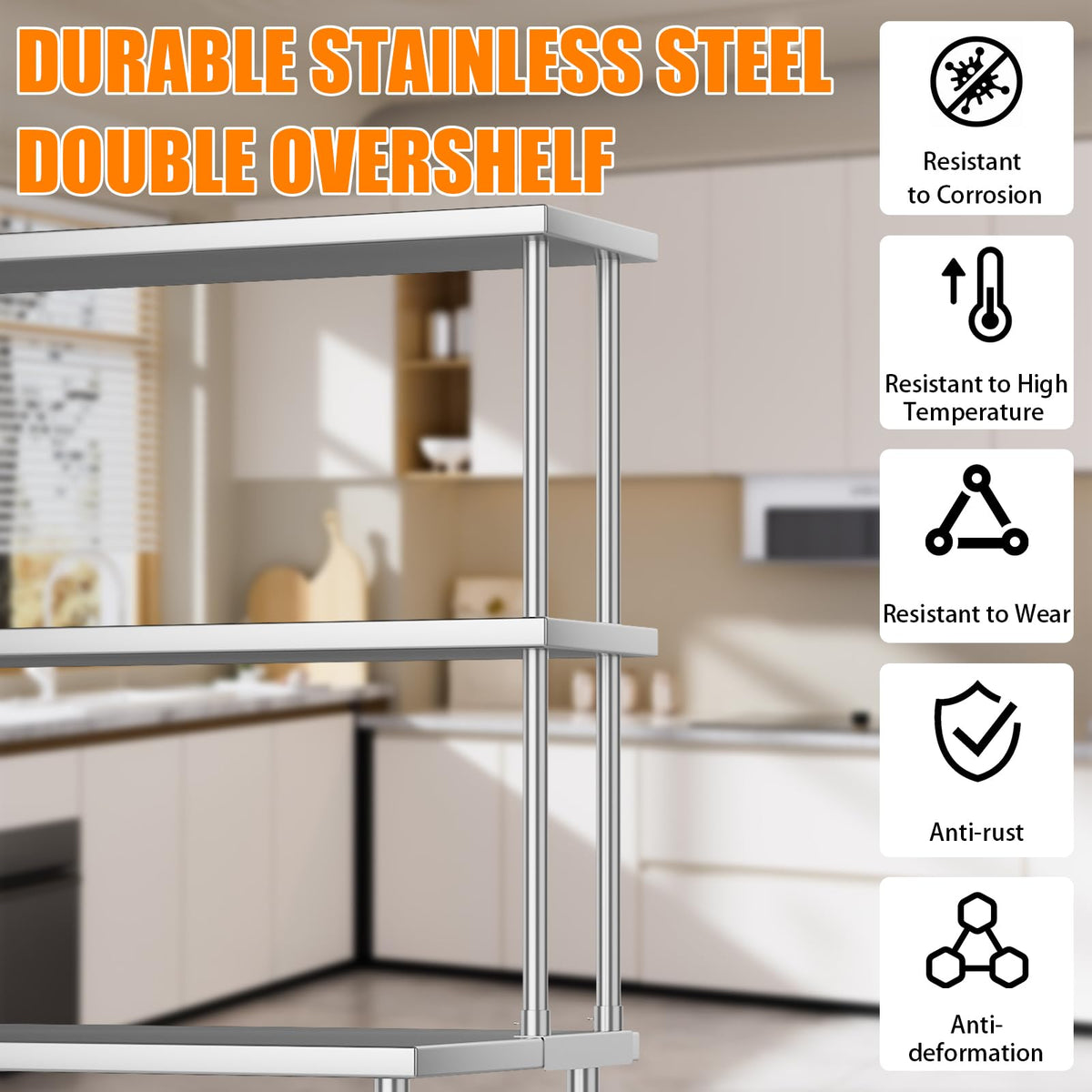 Garvee 12 in x36 in Stainless Steel Overshelf for Prep & Work Table, 360 LB Capacity Commercial 2 Tier Worktable Shelf, Adjustable Double Overshelf for Restaurant, Kitchen, Garage, Workshop