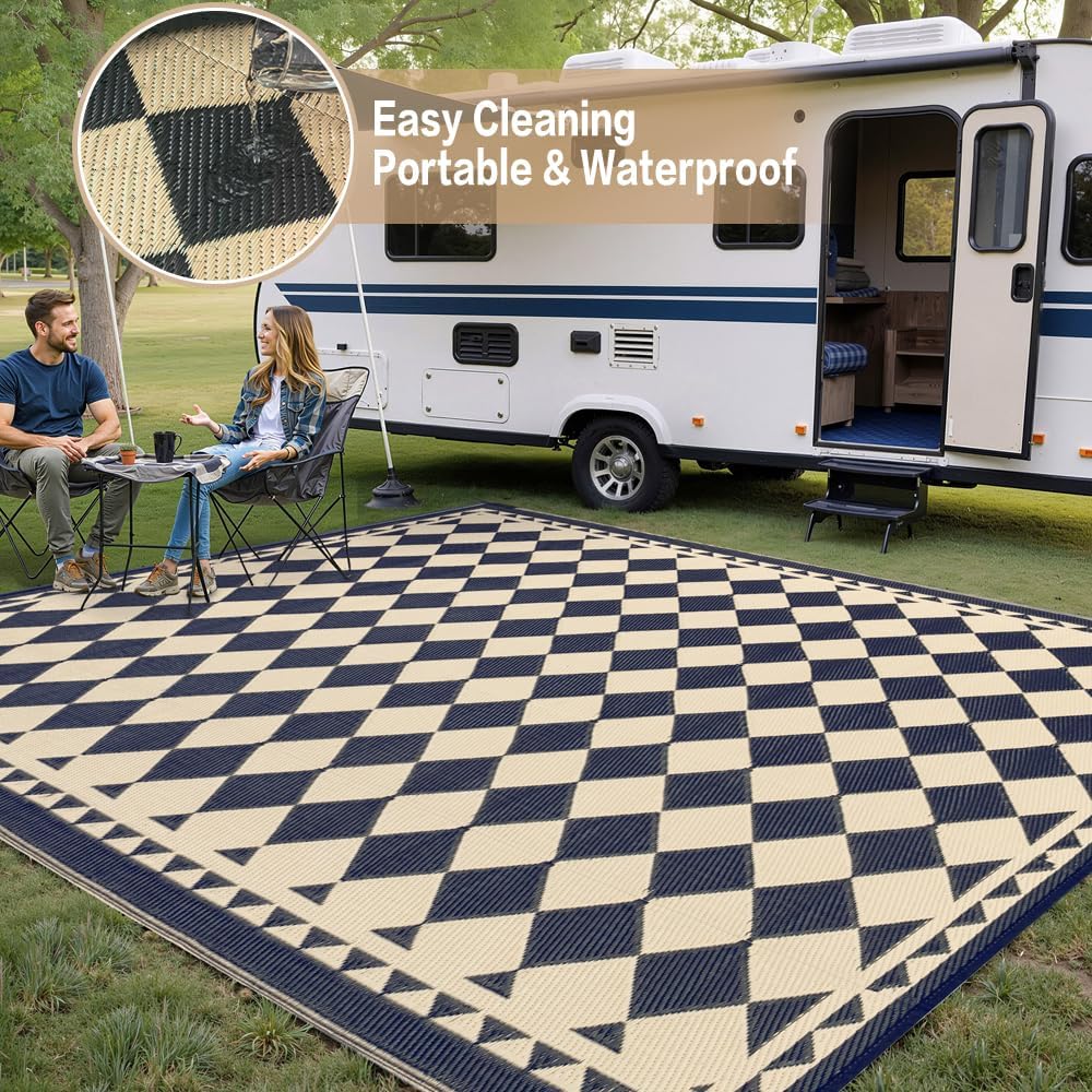 HUGEAR Outdoor Waterproof Rug 9'x18' Plastic Straw Rugs Washable Reversible Floor Mat Beige Plaid Carpet for Camping RV Deck Entryance Porch Picnic Balcony Beach Backyard
