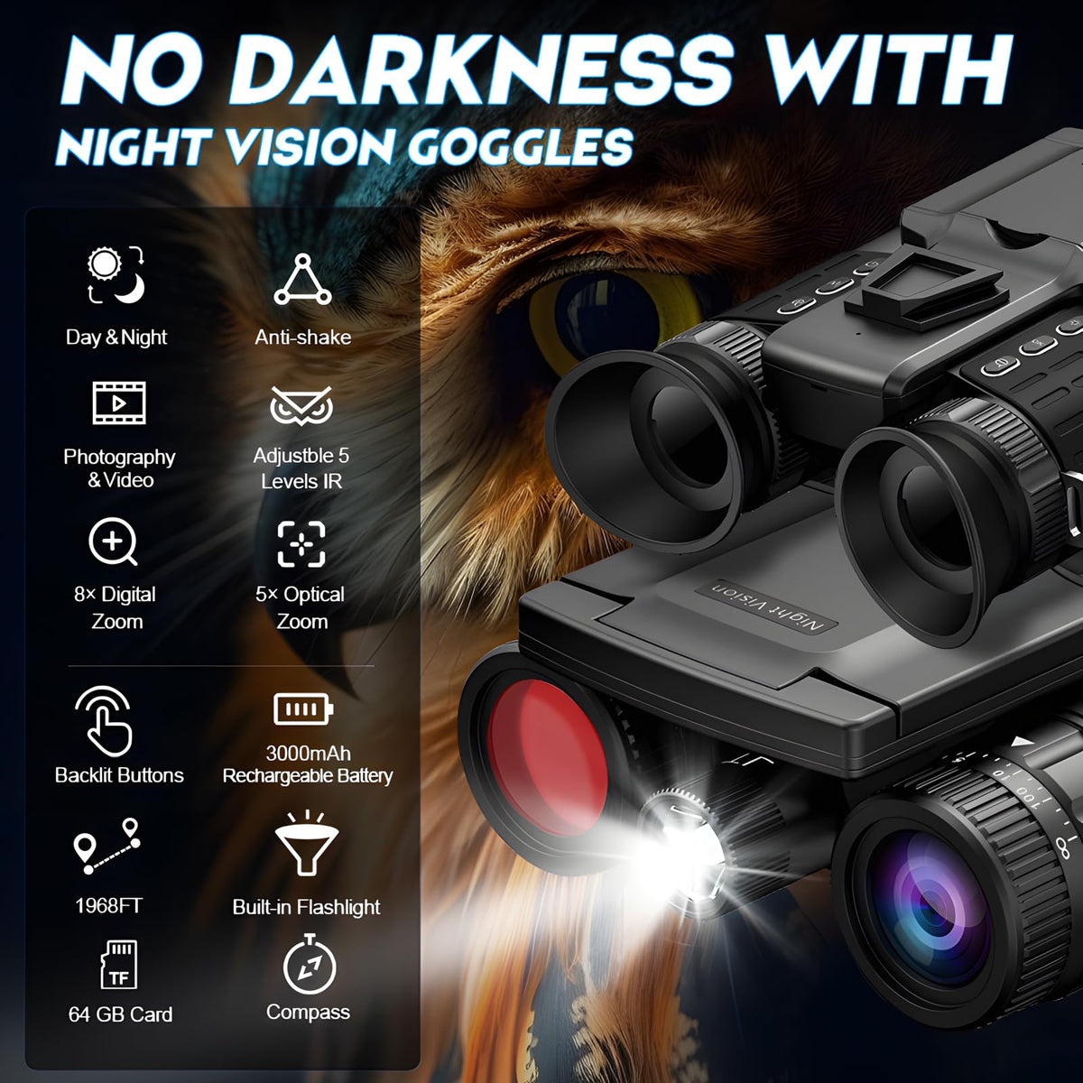 Head Mounted Night Vision Goggles with Screen for Adults 2000FT - 4K Night Vision Binoculars, Infrared Goggles with 64GB Card with Flashlight 8X Digital Zoom Outdoor Exploration Camping