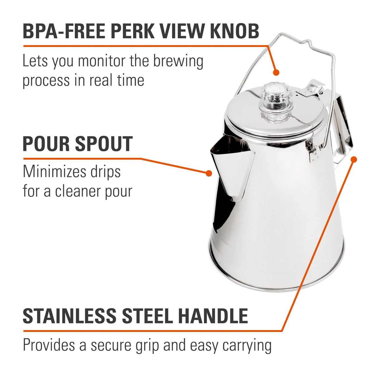 GSI Outdoors Percolator Coffee Pot I Glacier Stainless Steel Ultra-Rugged for Brewing Coffee Over Stove and Fire Ideal for Group Camping, 36 Cup