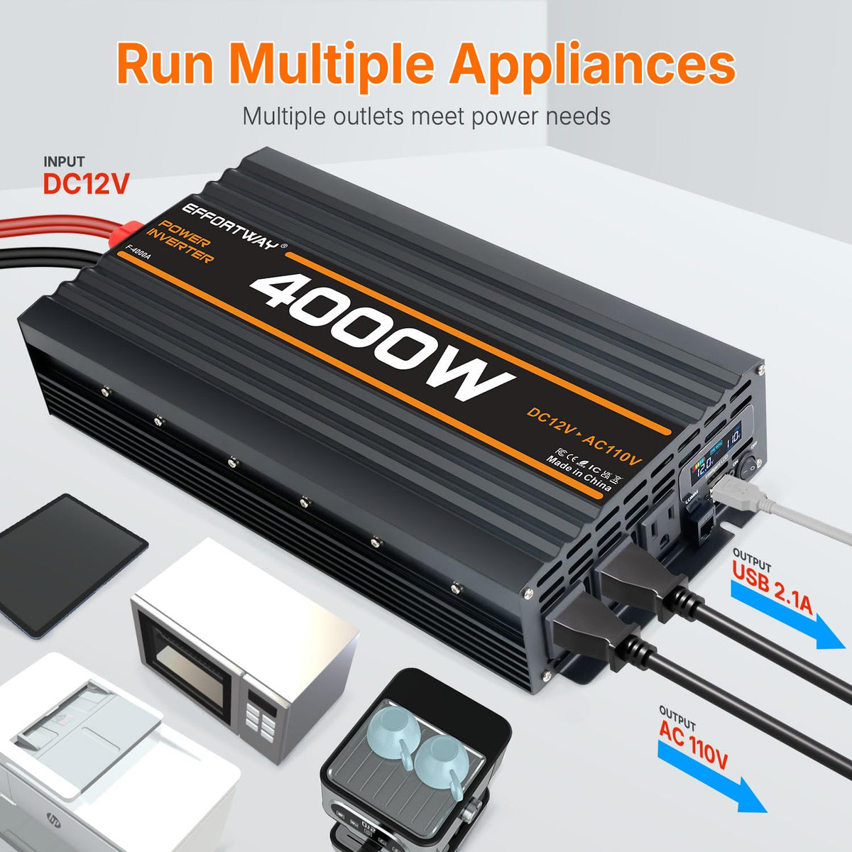 EFFORTWAY 4000W Power Inverter, 12V DC to 110V/120V Modified Sine Wave Inverter with 3 AC Outlets, USB Port, Wired Remote Controller, Car Power Inverter for RV, Truck, Boat, Camping, Off-Grid