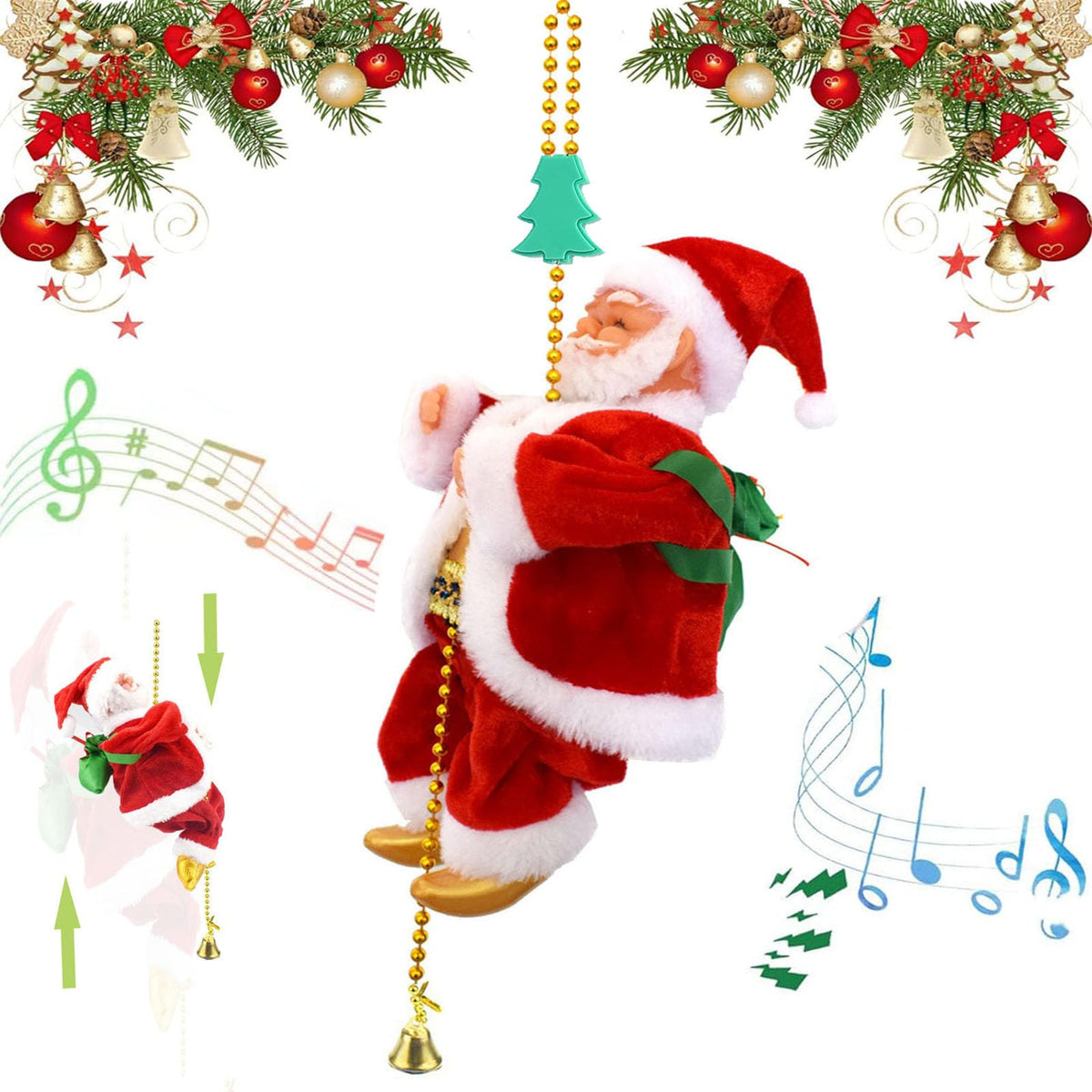 Climbing Santa with Music, Electric Santa Climbing Rope Battery Operated Climbing Santas Claus, Climbs Up and Down, Home Decoration for Parties