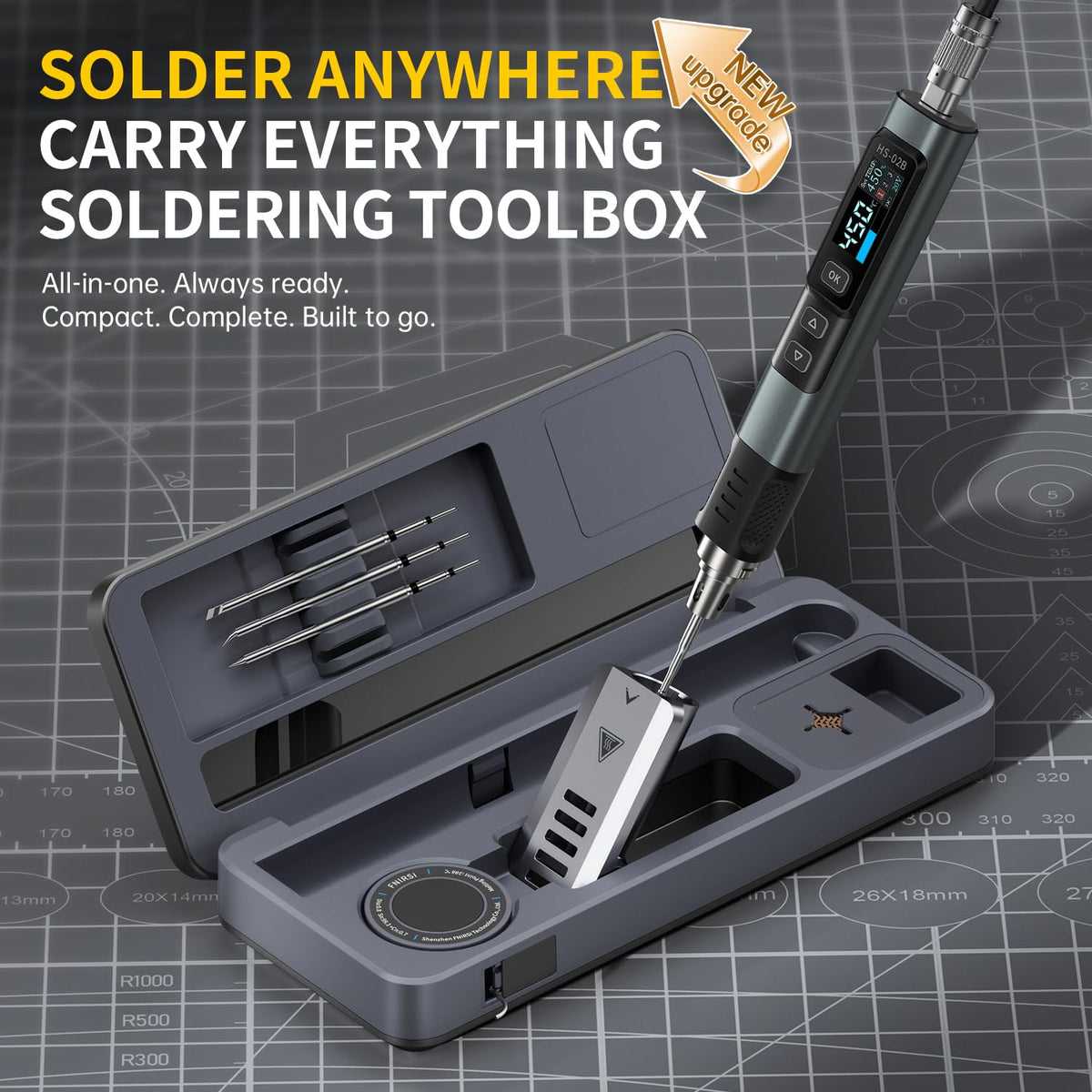 FNIRSI HS-02B 100W Portable Corded Soldering Iron Kit with Storage Case, 2S Fast Heating, 212-842℉, Pre-set 3 Groups Temperature, 3 210 Soldering Tips, Smart Soldering Iron Pen for Electronics Repair